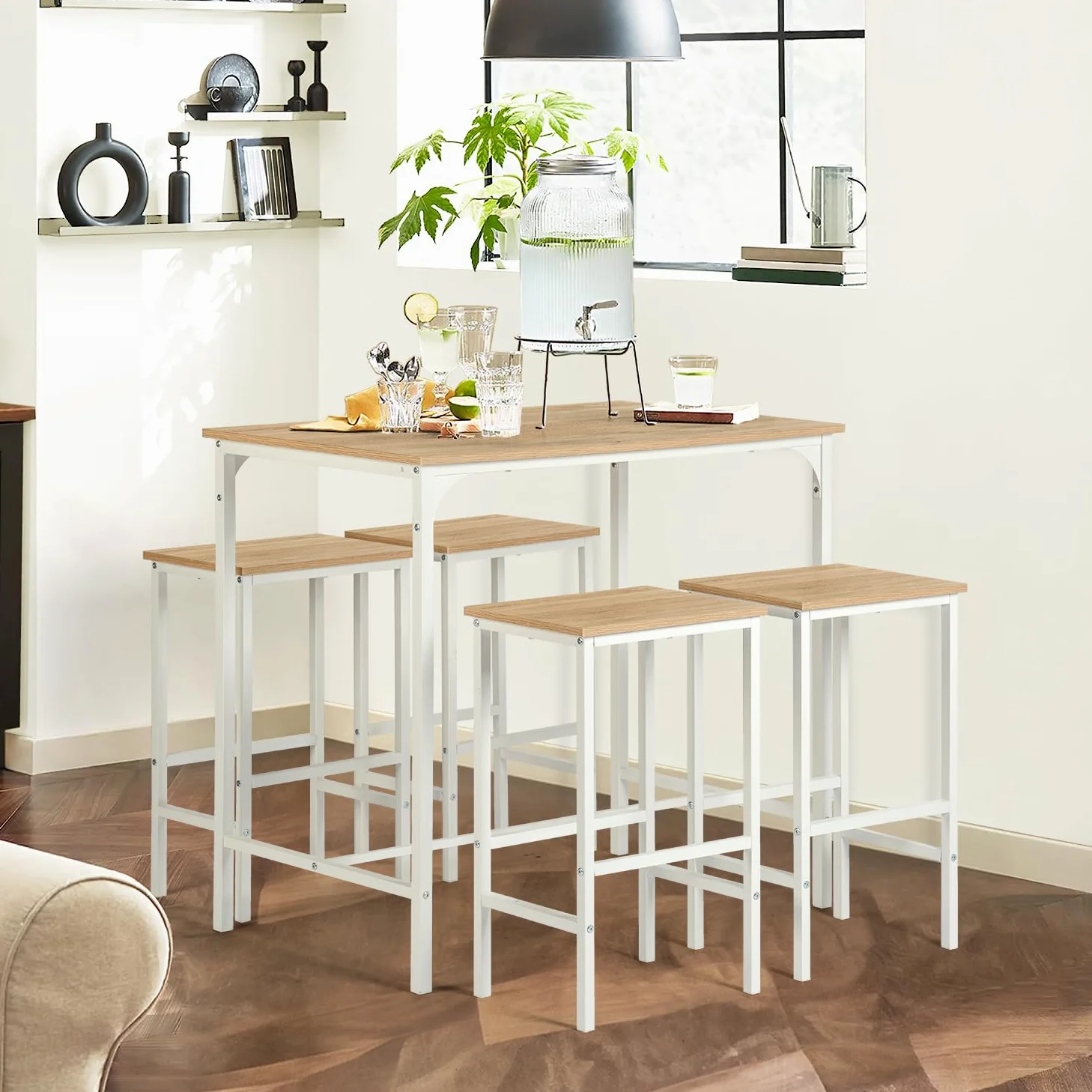 buybyroom Tavolo da bar con sgabello da bar – Set da pranzo con 4 sedie effetto rovere con venature, 100 x 60 x 90 cm