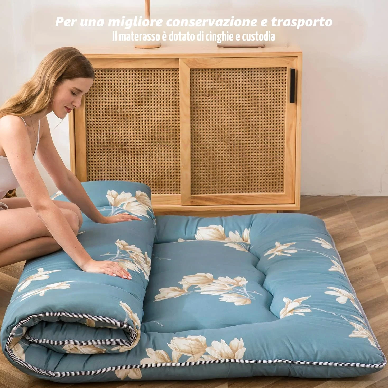 Maxyoyo Materasso da pavimento giapponese, materasso futon, tatami spesso, pieghevole, arrotolabile, per dormitorio, cuscino per pavimento (fiore blu, matrimoniale)