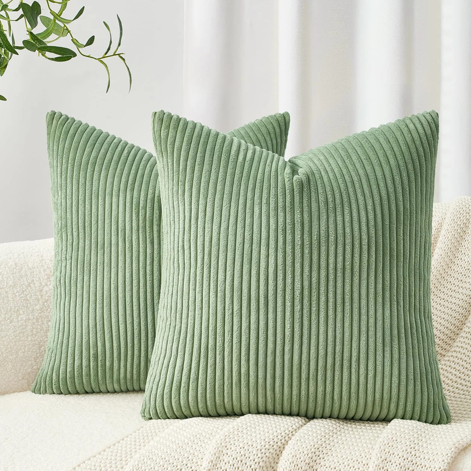 Topfinel Federe Cuscini 40x40 Velluto a Coste Verde Copricuscini Quadrati Elegante Divano Salotto 2 Pezzi