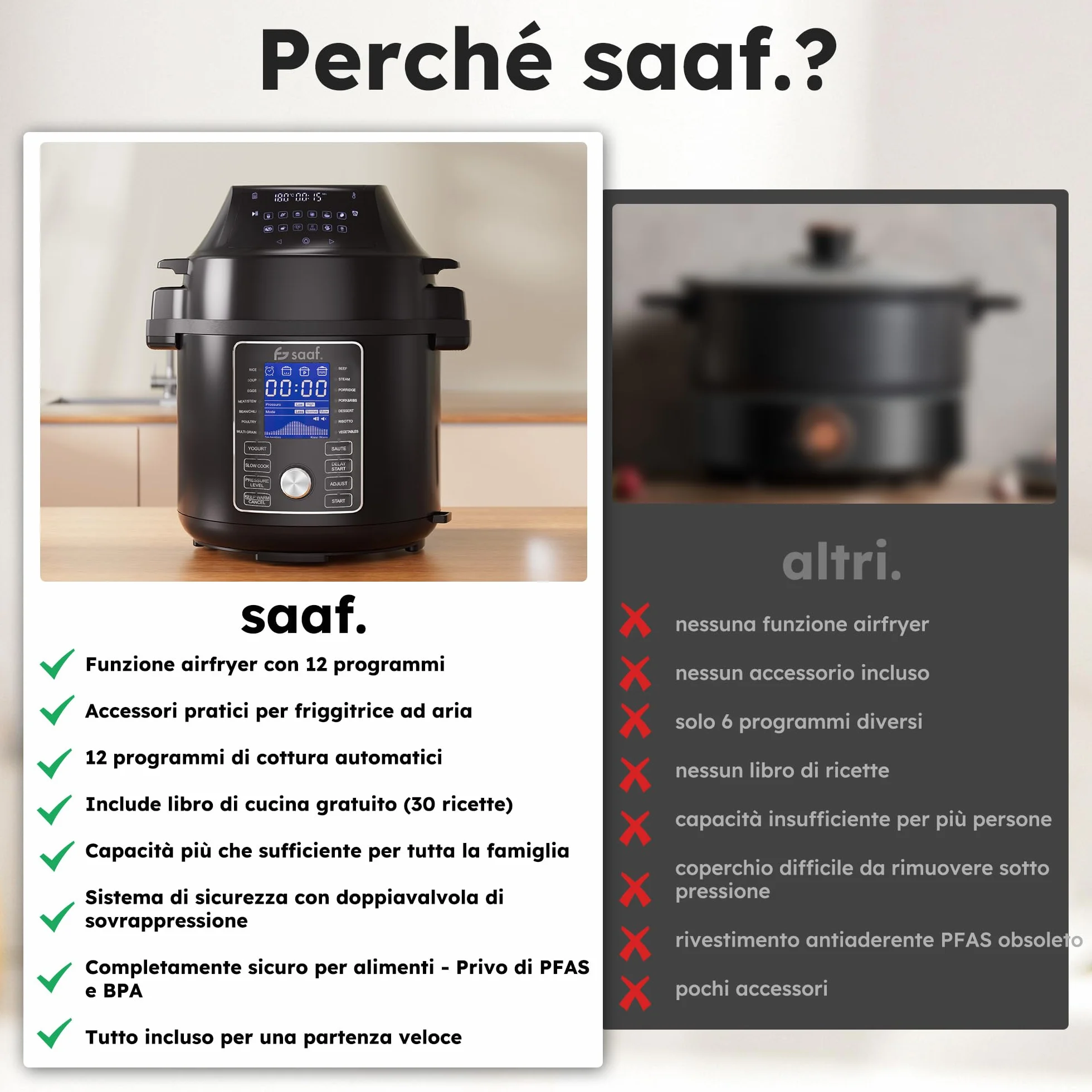 Saaf Multicooker con Airfryer 6L Set 15 Pezzi 24 Programmi Slowcooker Digitale