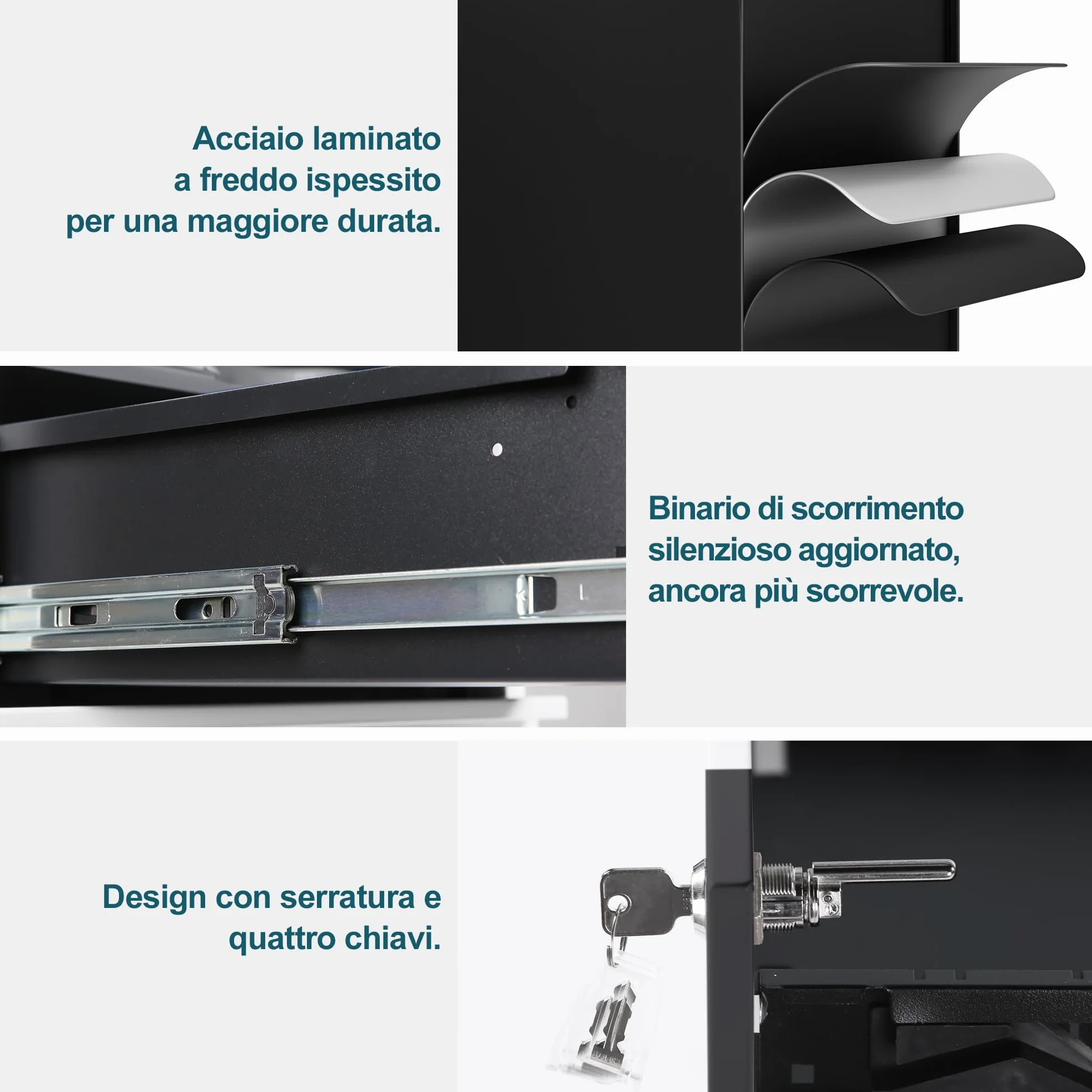 Cassettiera da Ufficio con 3 Cassetti, Scrivania con Ruote, Armadietti in Metallo, Completamente Assemblato, Nero, Ufficio, Studio