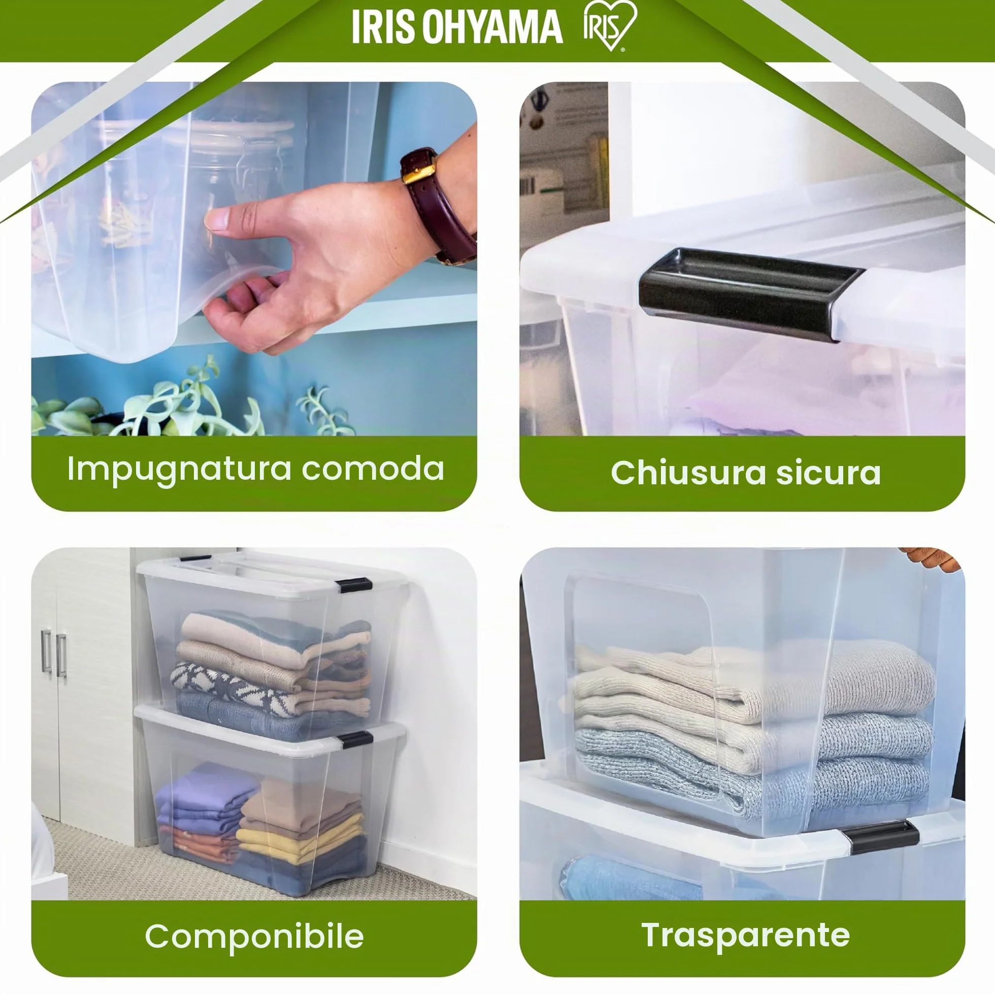 Iris Ohyama Scatola portaoggetti in plastica 55 l confezione da 3 trasparente impilabile