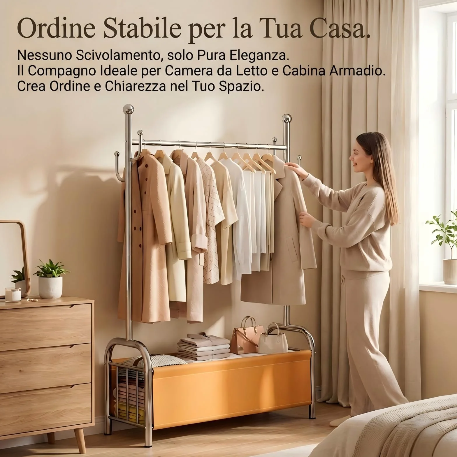 Porta Abiti da Terra in Acciaio Inox con Cestino Portaoggetti in Pelle 115 kg