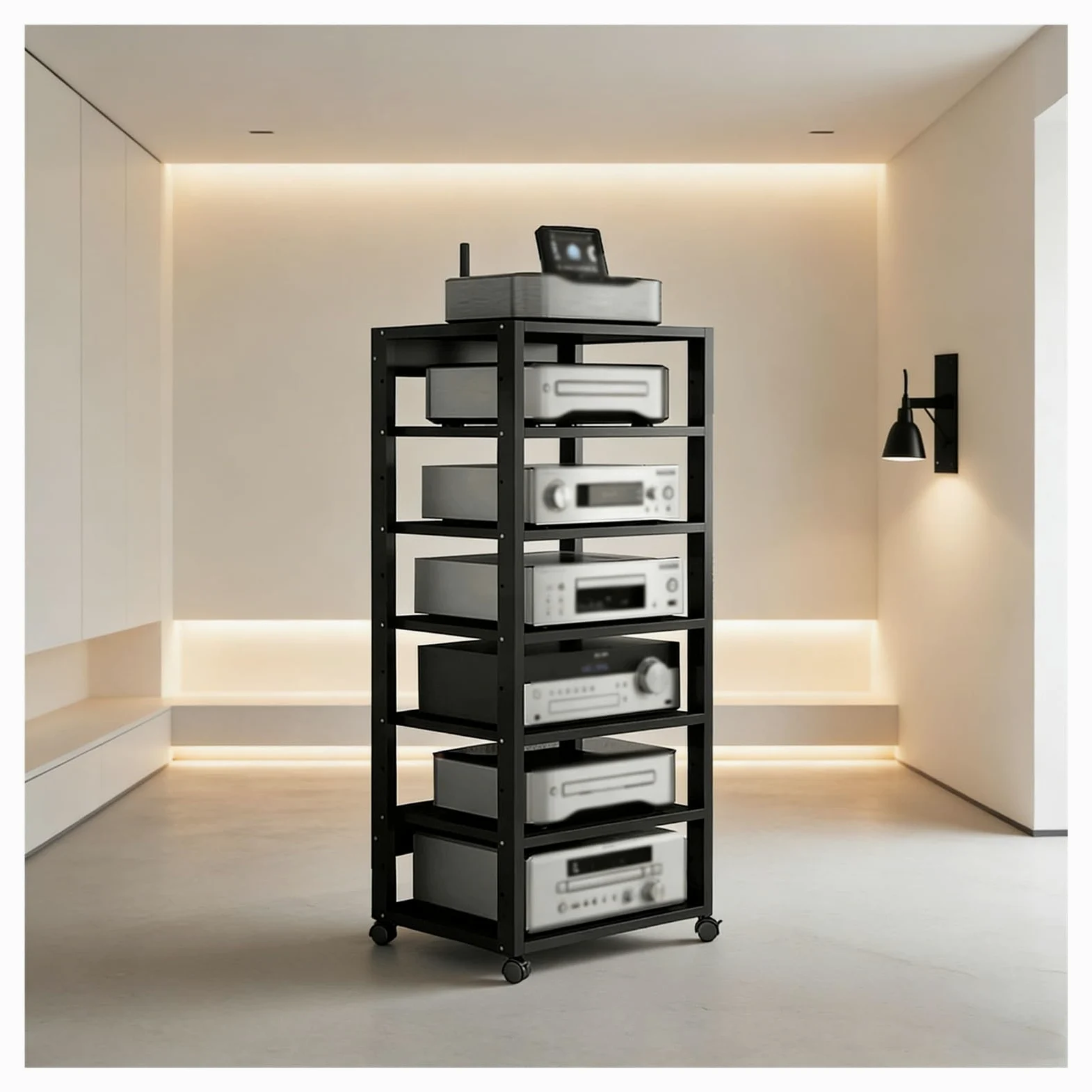 7 Ripiani Mobiletto Hi-Fi Multifunzione A, Av Tower Media Stand Supporto Con Ruote Universali Regolabile Mobiletto Portaoggetti for Casa/ufficio/teatro(Nero)
