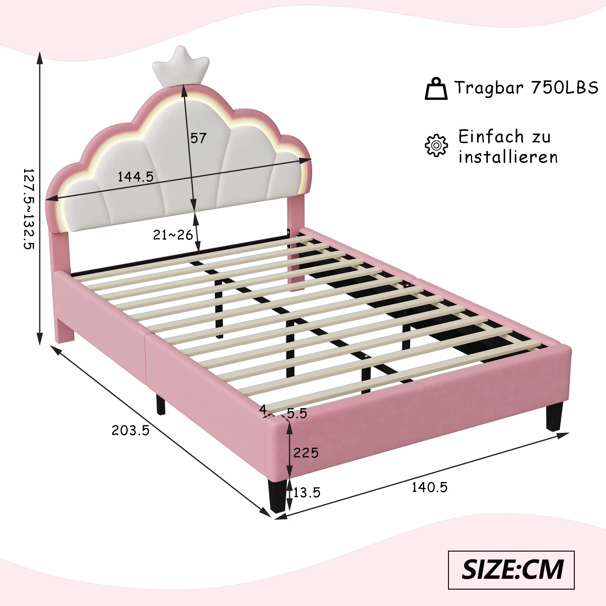 Letto matrimoniale per bambini 140 x 200 cm, letto da ragazza principessa con LED, testiera regolabile a forma di corona, telaio del letto imbottito con rete a doghe, per bambini e adulti