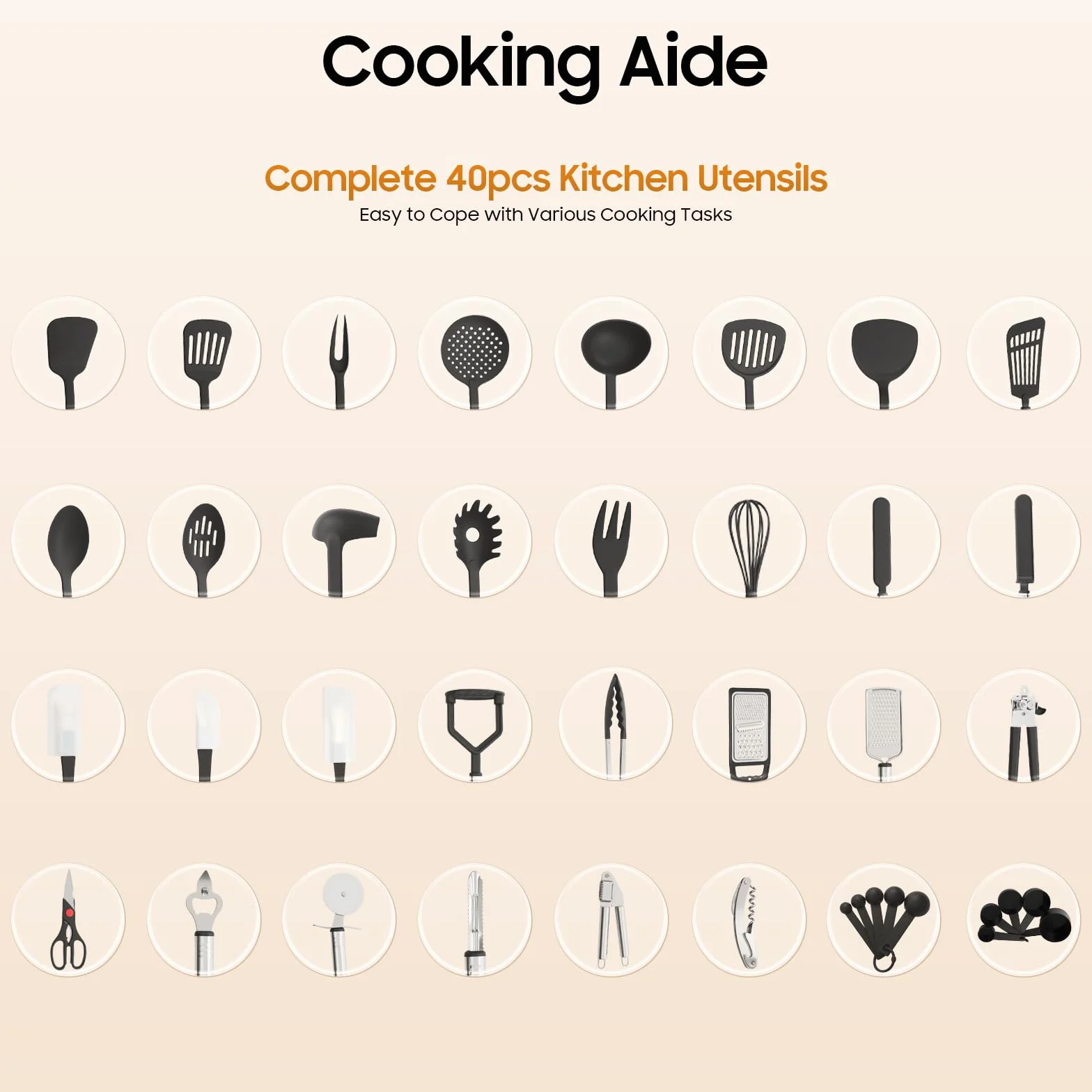 Set di Utensili da Cucina 40 Pezzi in Nylon e Inox Resistente al Calore 210°C Anti-Graffio per Padelle Antiaderenti