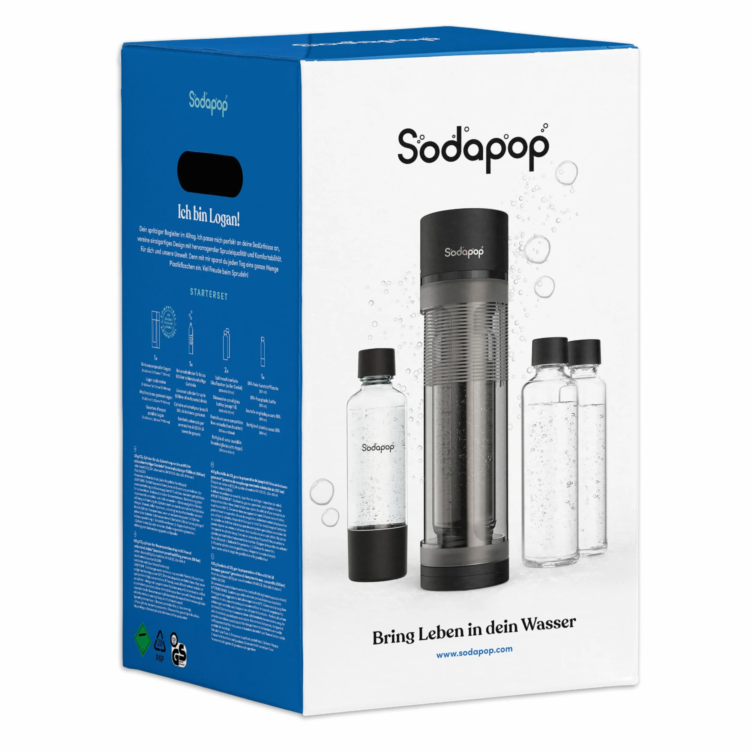 Sodapop Aeratore Logan Starter Set con cilindro CO₂, con 2 bottiglie di vetro (850 & 600 ml) e 1 bottiglia in PET (850 ml), colore nero opaco, altezza 42,6 cm