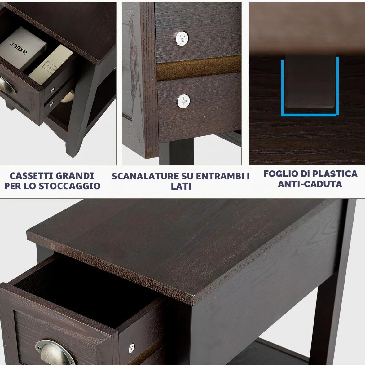 LIFEZEAL Set di 2 Comodini Stretti con 1 Cassetto, Comò a 2 Ripiani, Mobiletto Camera da Letto, Moderno, Tavolino Basso Laterale da Divano, Gambe in Legno Massello, per Soggiorno, 33x56x58,5cm, Noce