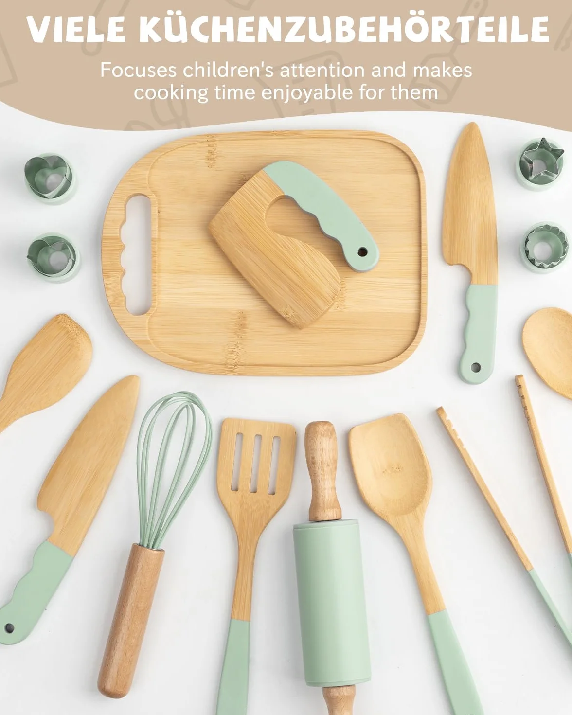 Set di coltelli per bambini, 15 pezzi, con taglierino sicuro, tagliere in legno, set da cucina Montessori per il taglio, apprendimento a partire dai 3 anni (verde)
