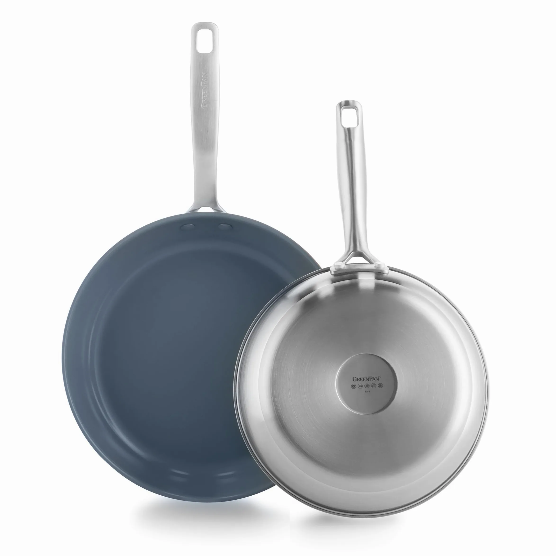 GreenPan Treviso Set di 2 Padelle in Acciaio Inox con Rivestimento Ceramico Antiaderente Sano, 24 cm e 28 cm, senza PFAS, Induzione, Forno e Lavastoviglie, Argento