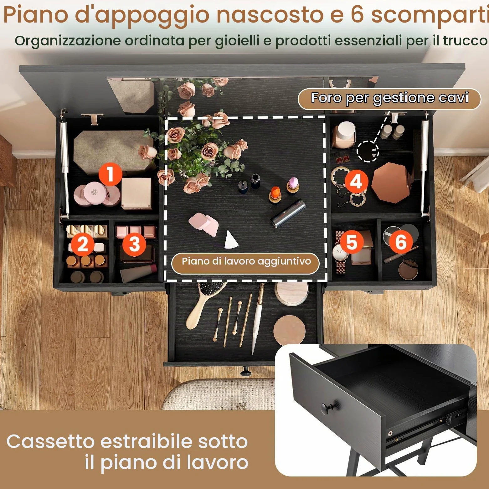 GIANTEX Tavolo da trucco con specchio pieghevole, con stazione di ricarica, cassetto, 6 scomparti per riporre oggetti, vassoio nascosto, scrivania da toeletta 2 in 1, per camera da letto, studio (nero