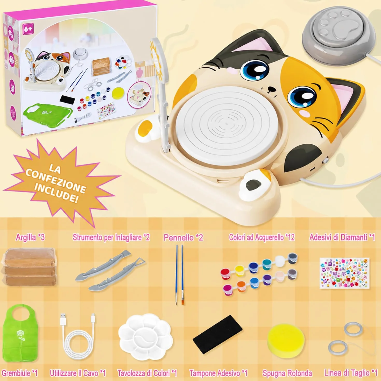 Tornio per Ceramica per Bambini Kit Completo Principianti Set Creativo 6+ Anni 3x Argilla Asciugatura all'Aria Fai da Te Regalo Pasqua