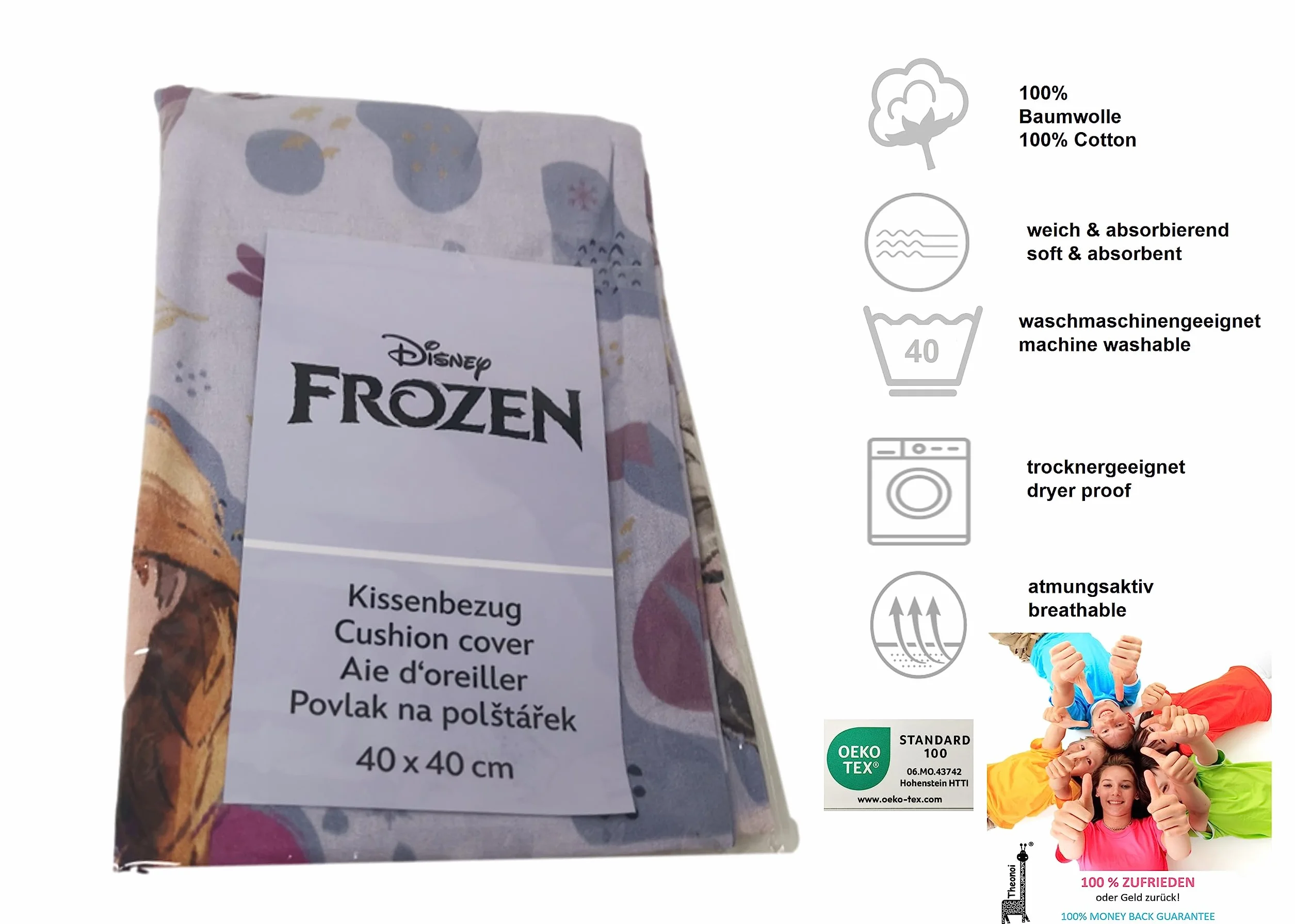 Theonoi Federa per cuscino decorativo per bambini, 40 x 40 cm, senza imbottitura, in cotone (Frozen 02 A1)