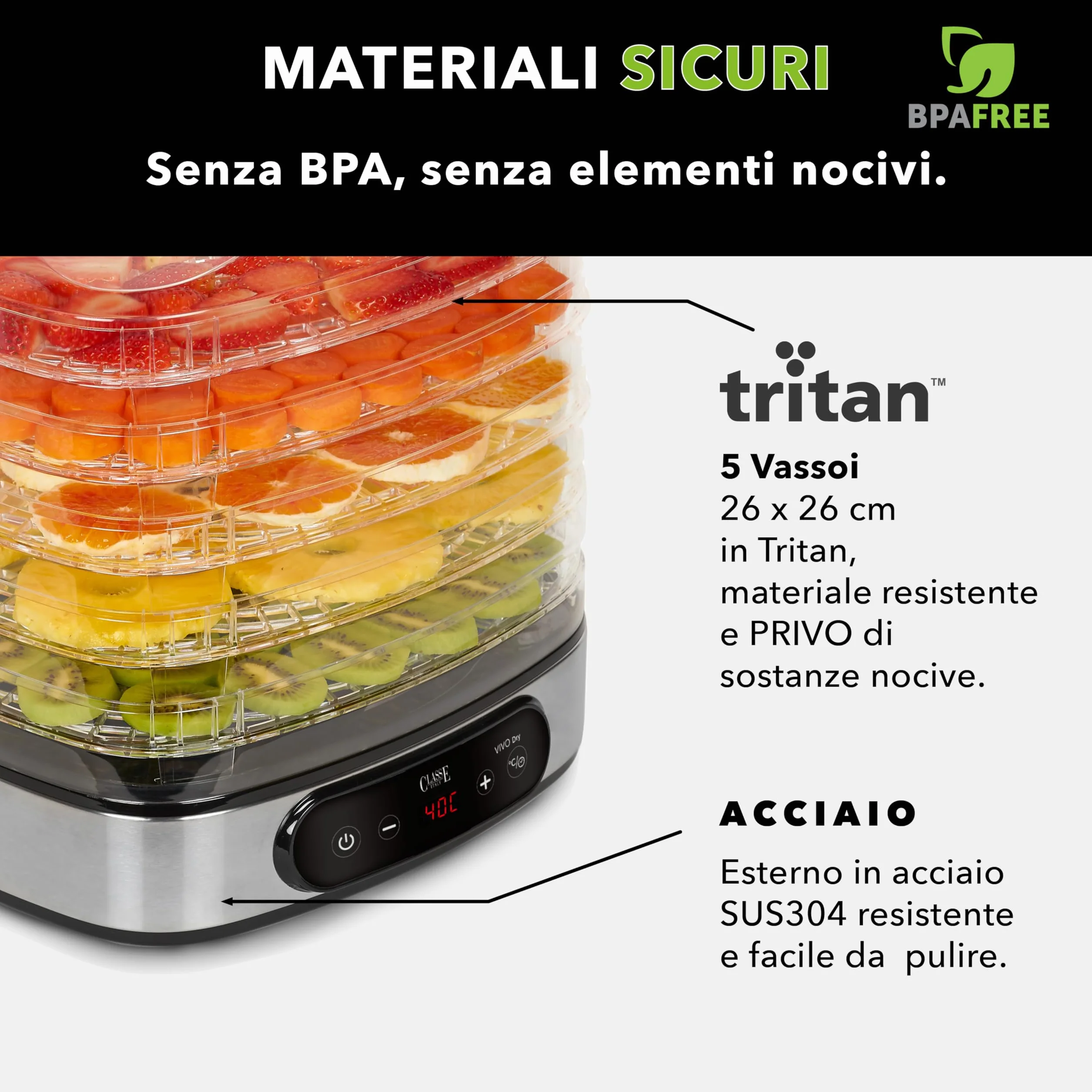 Classe Italy | Essiccatore Alimentare, Consumi Bassi, Senza BPA, GARANZIA 5 ANNI, Essiccatore Funghi, Frutta, Verdura, Carne, Pesce, Frutta secca, 380 W, 23 Litri, Acciaio