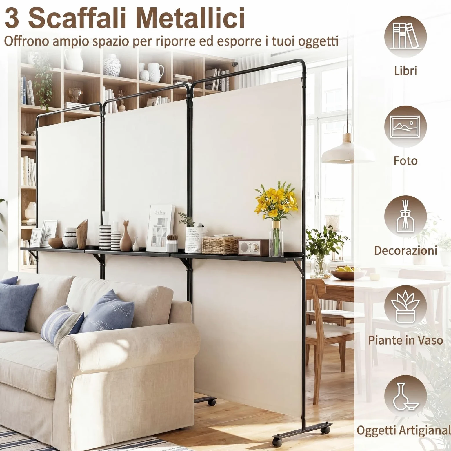 COSTWAY Paravento Interno 3 Ante con 8 Ruote Bloccabili e Ripiani (Bianco) | Separe Divisorio Pieghevole con Scaffale Portaoggetti, Tessuto Resistente e Opaco per Salotto, Camera da Letto e Ufficio