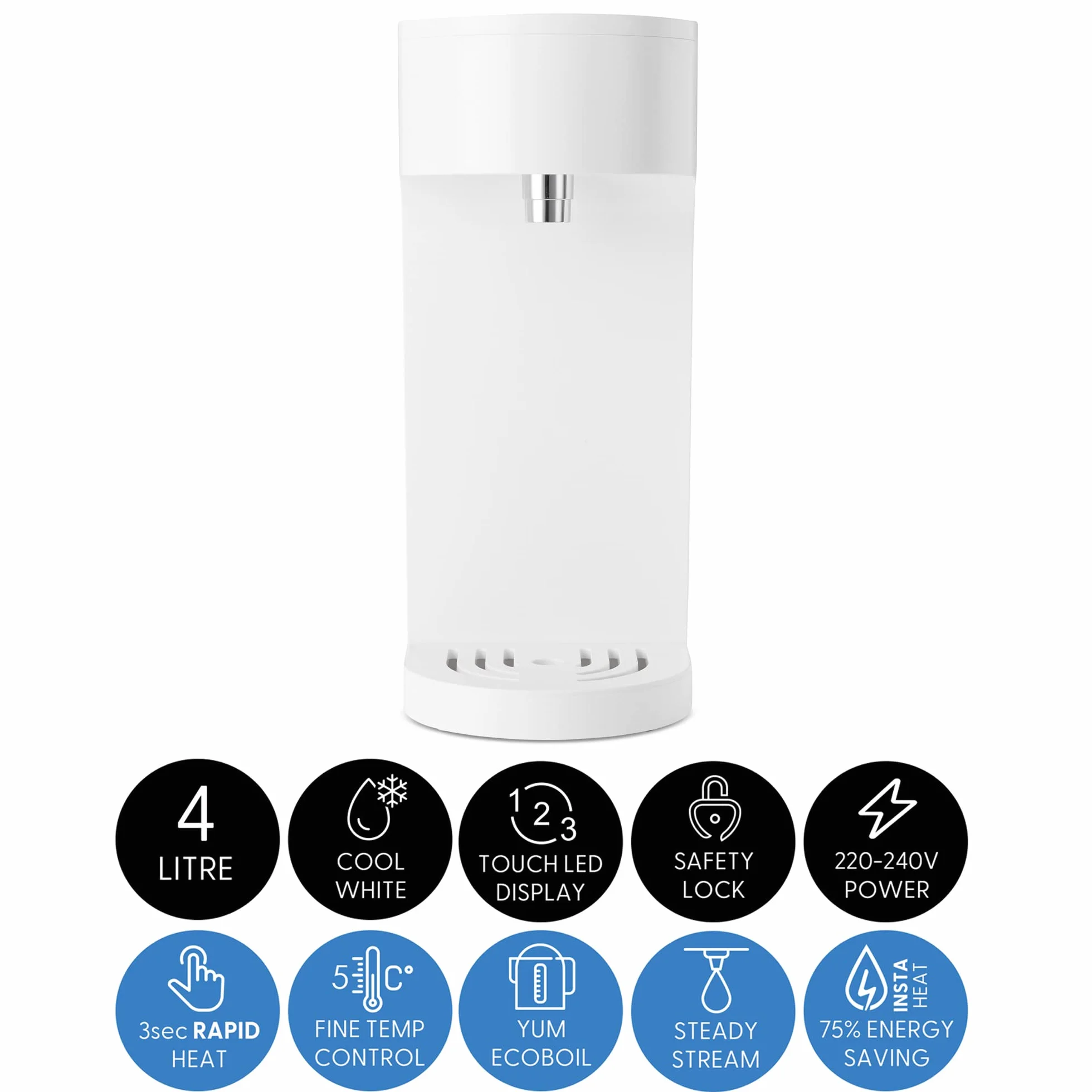 Yum Asia Oyu Dispenser digitale istantaneo di acqua calda con display touch LED "Hidden Under" bianco, capacità 4 litri, Ecoboil, tecnologia InstaHEAT, 220-240V, alimentazione EU