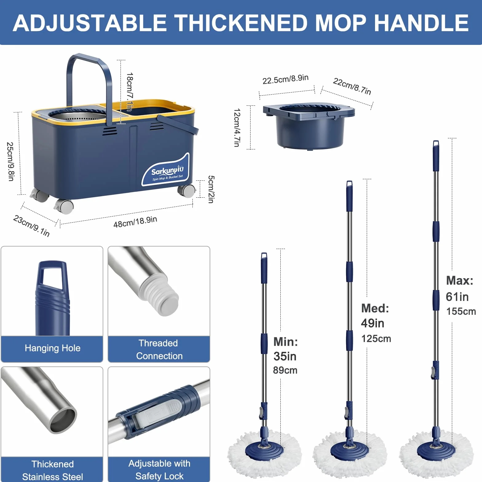 Mocio e Secchio Lavapavimenti, Set Mop e Secchio con 4 Camere e 4 Ruote, Separazione Acqua Pulita e Sporca, 360° Mocio Rotante con Strizzatore Sistema di Pulizia Pavimenti con 6 Teste di Mop