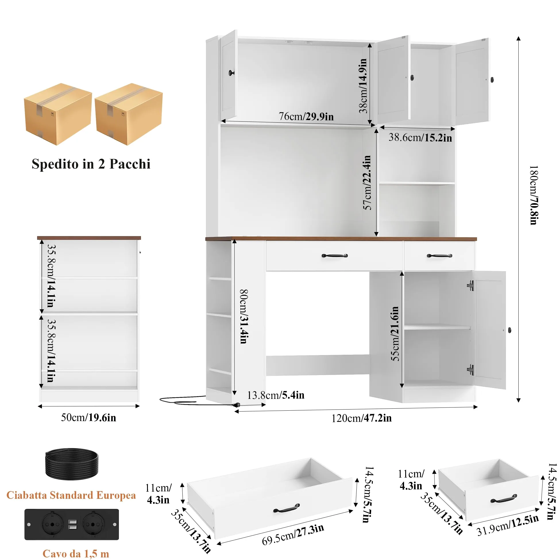 FirFurd 180cm Scrivania con Cassetti, Scrivania Gaming con Luci a LED e Prese, Scrivanie con 3 Ante, con Libreria a 2 Ripiani, Ripiani Regolabile, per Studio, Ufficio, Cameretta, 120x50x180cm, Bianco