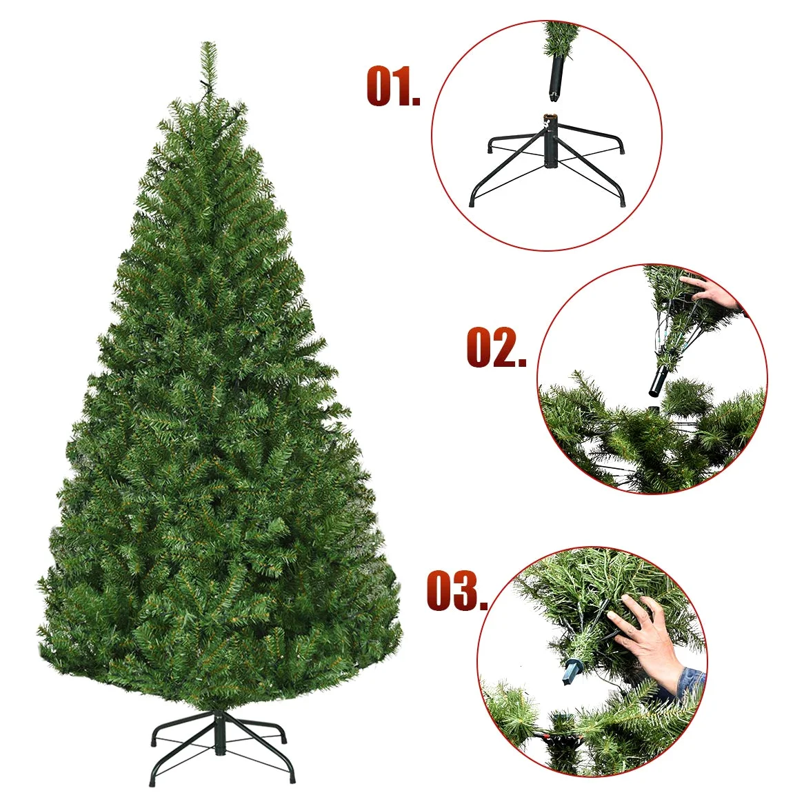 COSTWAY Albero di Natale 120/150/180/210 cm, Albero di Natale con Luci Incorporate 11 Modalità di Illuminazione, 300/600/1000/1570 Rami e Base in Metallo, Perfetta per Casa e Negozio (180cm)