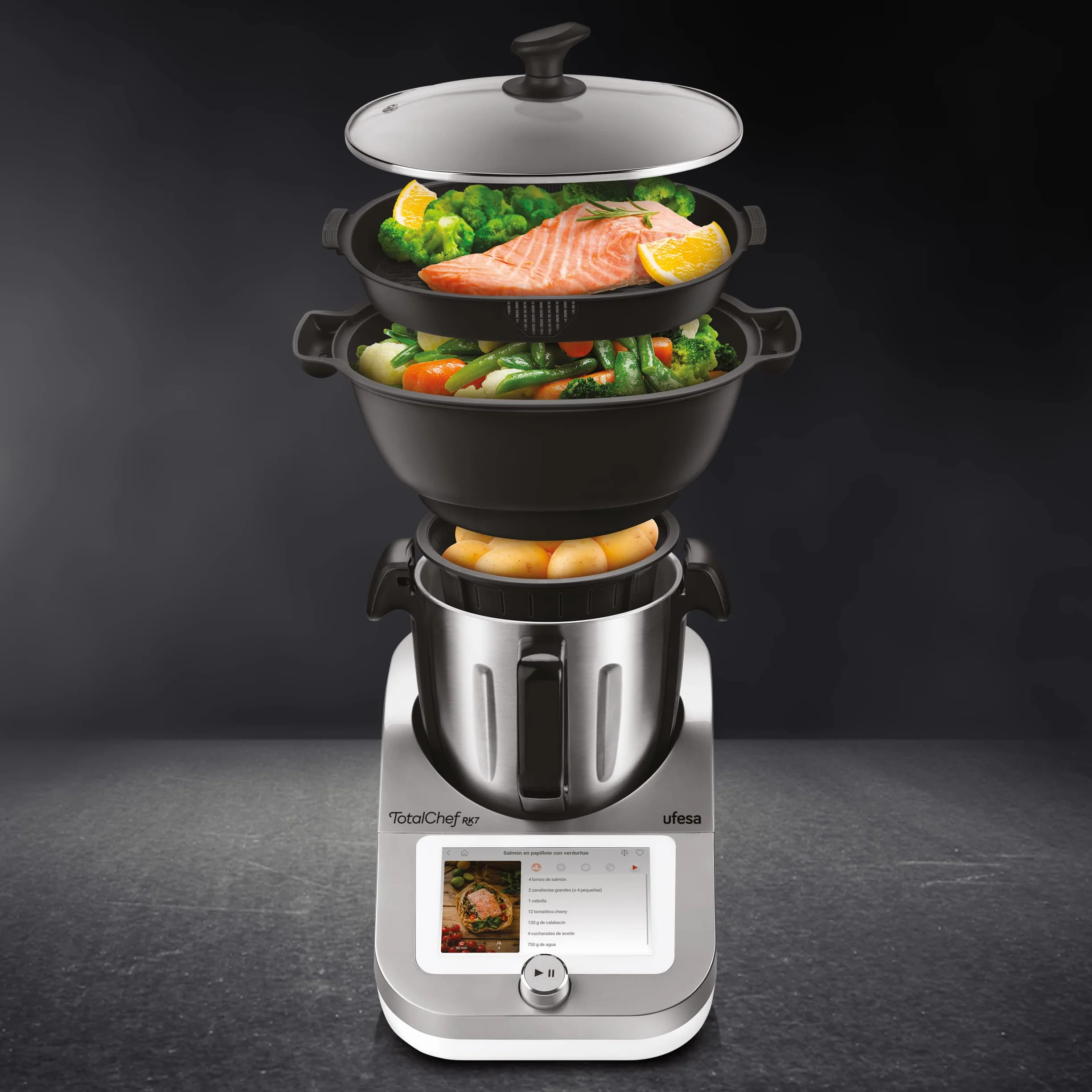 Ufesa TotalChef RK7 Robot da Cucina Intelligente Multifunzione, WIFI, Controllo Via App, 30 Funzioni, 4.5 L, Touch Screen da 7 pollici, Bilancia Integrata, Ricettario Interattivo