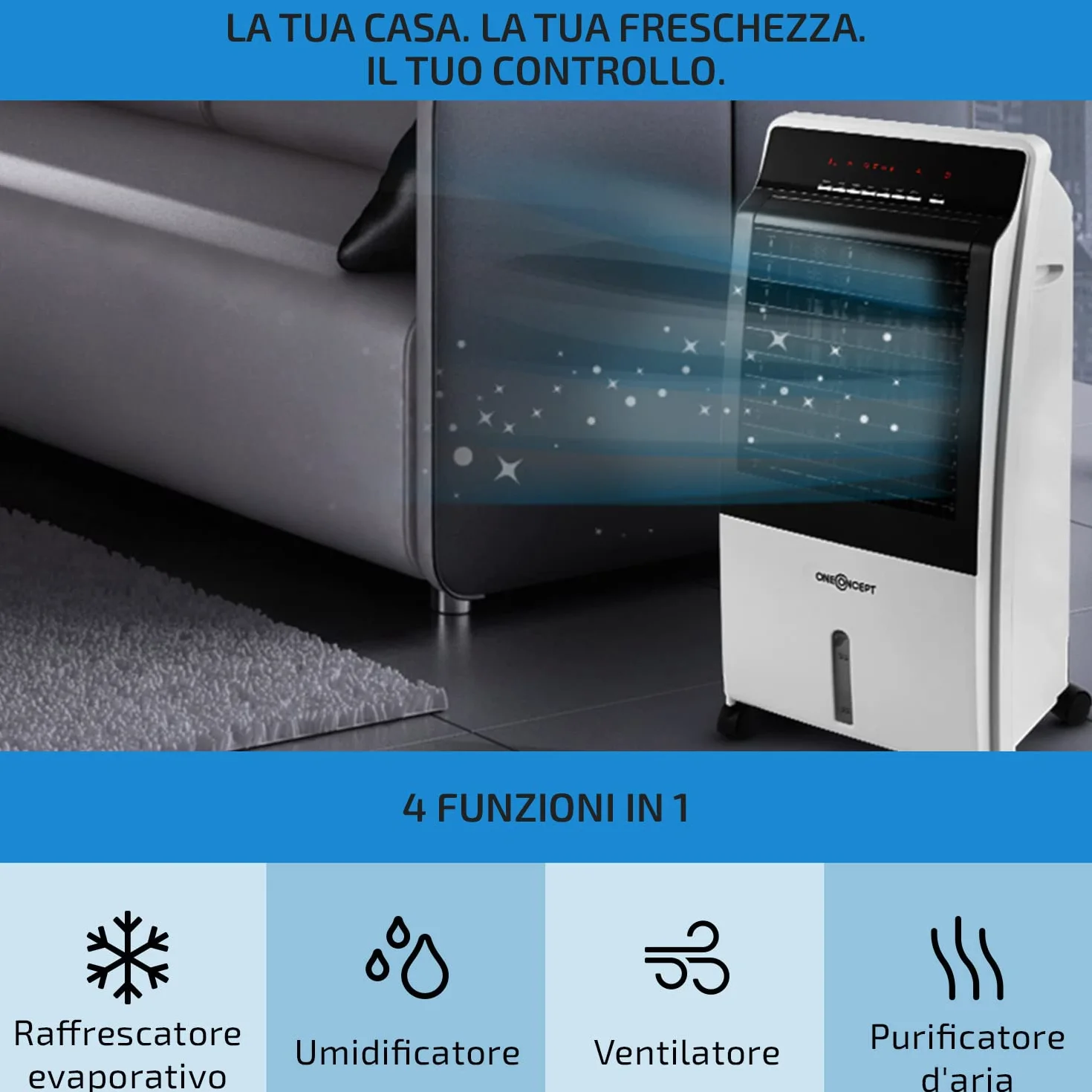 OneConcept Condizionatore Portatile Senza Tubo 65W 4 in 1, Umidificatore, Climatizzatore Portatile, Ionizzatore per Casa/Ufficio, Ventilatore Aria Fredda, Raffrescatore d’Aria 360m³/h, Serbatoio da 8L