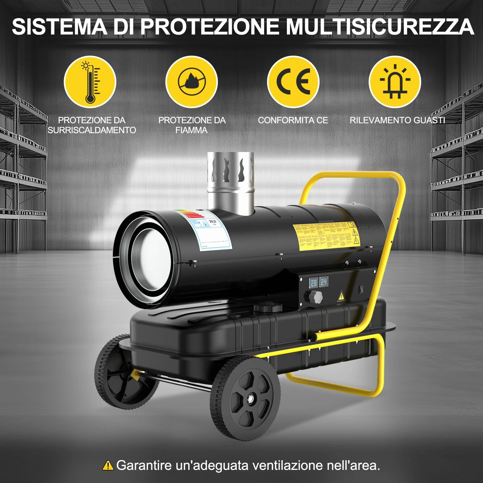 Riscaldatore Diesel Indiretto 20 kW - Termoventilatore Industriale - Serbatoio Grande Capienza 38L - Ruote, Termostato Regolabile - Per Officine, Cantieri, Uso Agricolo