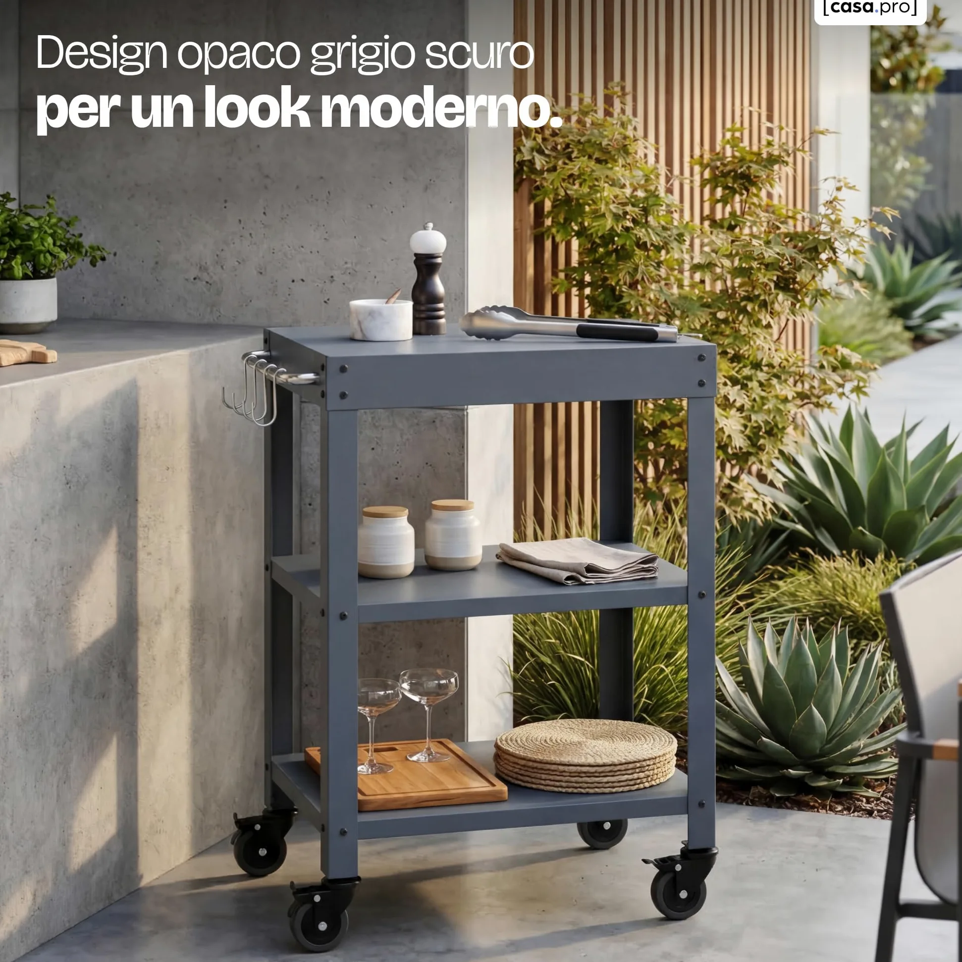 casa.pro Carrello Portavivande da Giardino in Acciaio con 3 Ripiani e Ruote Carrello Portatutto Da Cucina Servizio Portata a Rotelle 81x50x50 cm - Grigio Scuro opaco