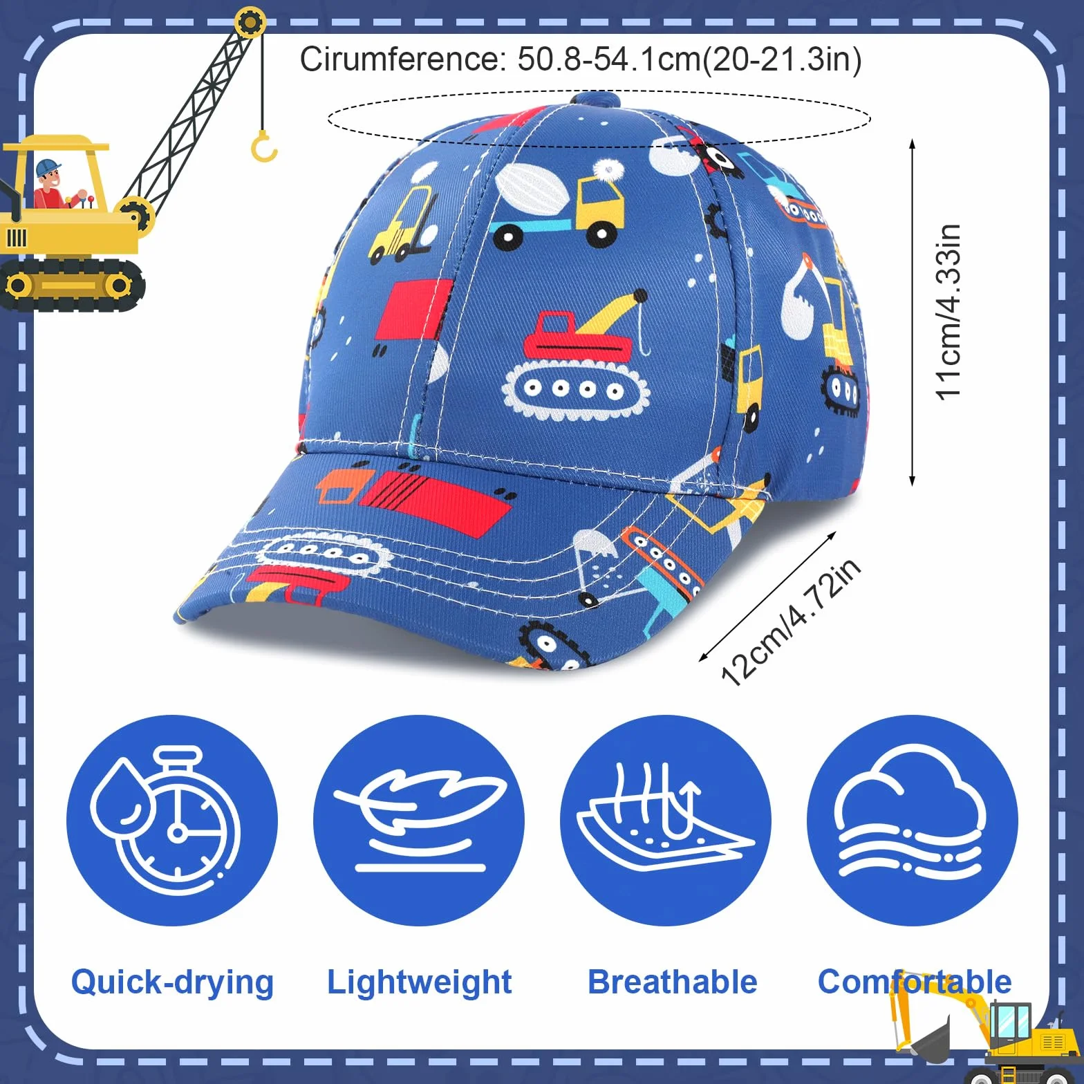 Cappellino Baseball Bambini 3-8 Anni Protezione UV Visiera Larga Berretto Sportivo Regolabile Chiusura Fibbia Design Camion Cantiere Escavatore
