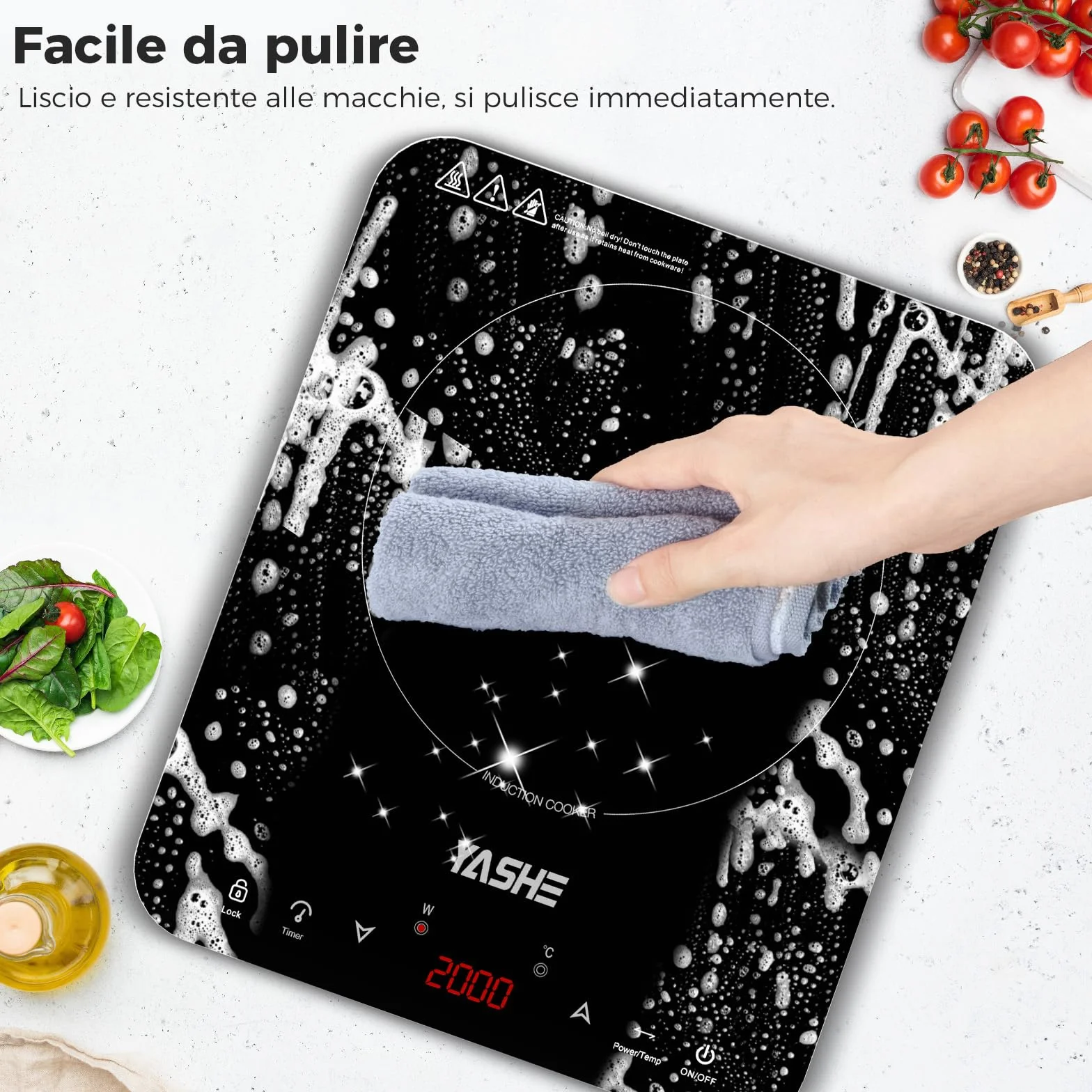 YASHE Piastra a Induzione Portatile 2000W Display LED Controllo Touch 10 Livelli Potenza Timer 4 Ore Blocco Bambini