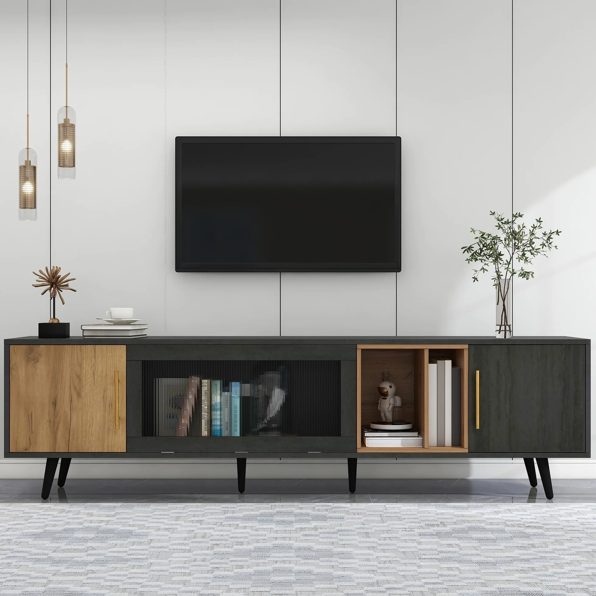 Rtopsu Mobile TV, Tavolo TV Basso per TV Fino a 90 Pollici, Scaffale TV con 3 Ante e 4 Vani Portaoggetti Mobile per Soggiorno Sala da Pranzo Camera da Letto, 200x40x55.5 cm, Legno, Grigio & Marrone