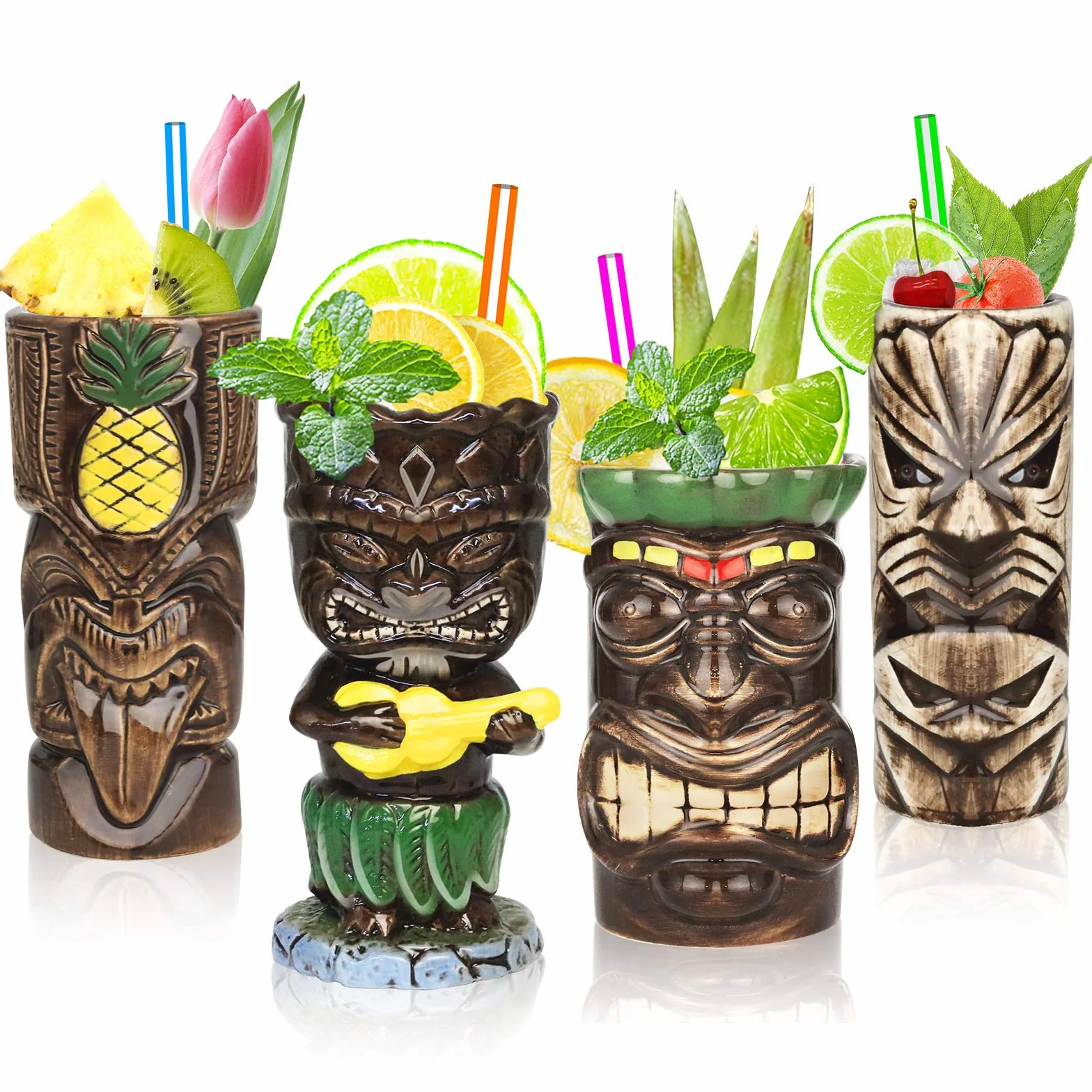 Tiki Bicchieri in Ceramica Set di 4 - Tazze Grandi Cocktail Hawaiian Luau Party Tiki Bar