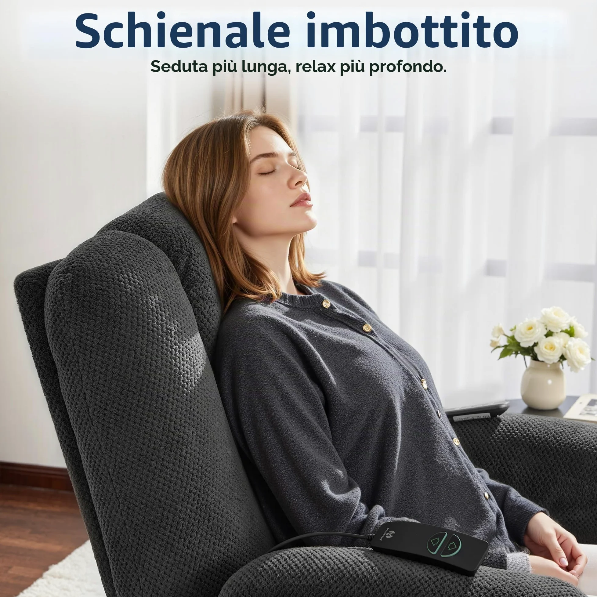 MCombo M Poltrona TV Regolabile elettricamente, poltrona reclinabile con funzione di reclinazione, poltrona TV con funzione Massaggio e Calore, USB e portabicchieri, Tessuto,7008 (grigio scuro)