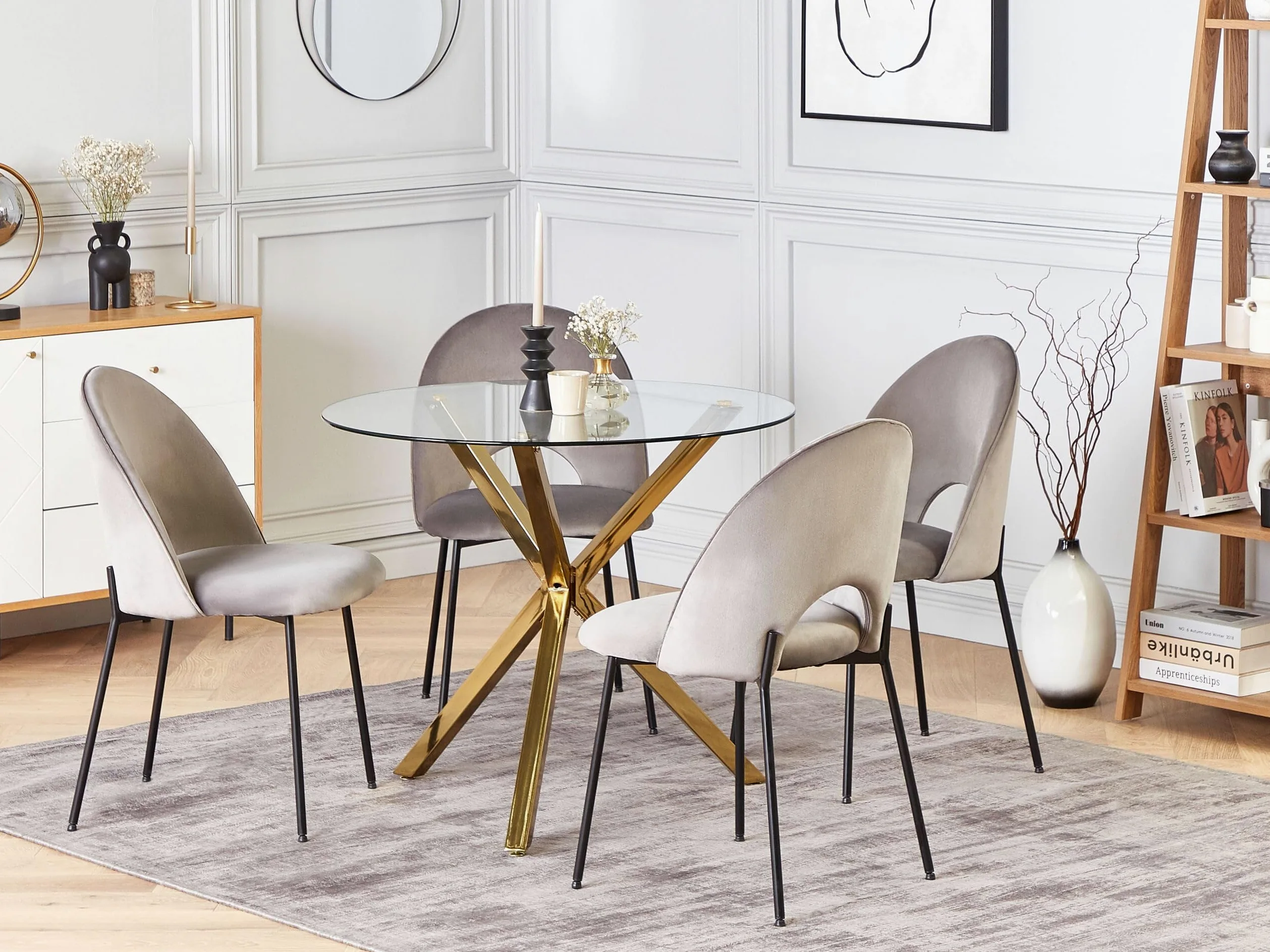 Tavolo da pranzo rotondo moderno glam ⌀ 90 cm 4 persone piano in vetro temperato Oro