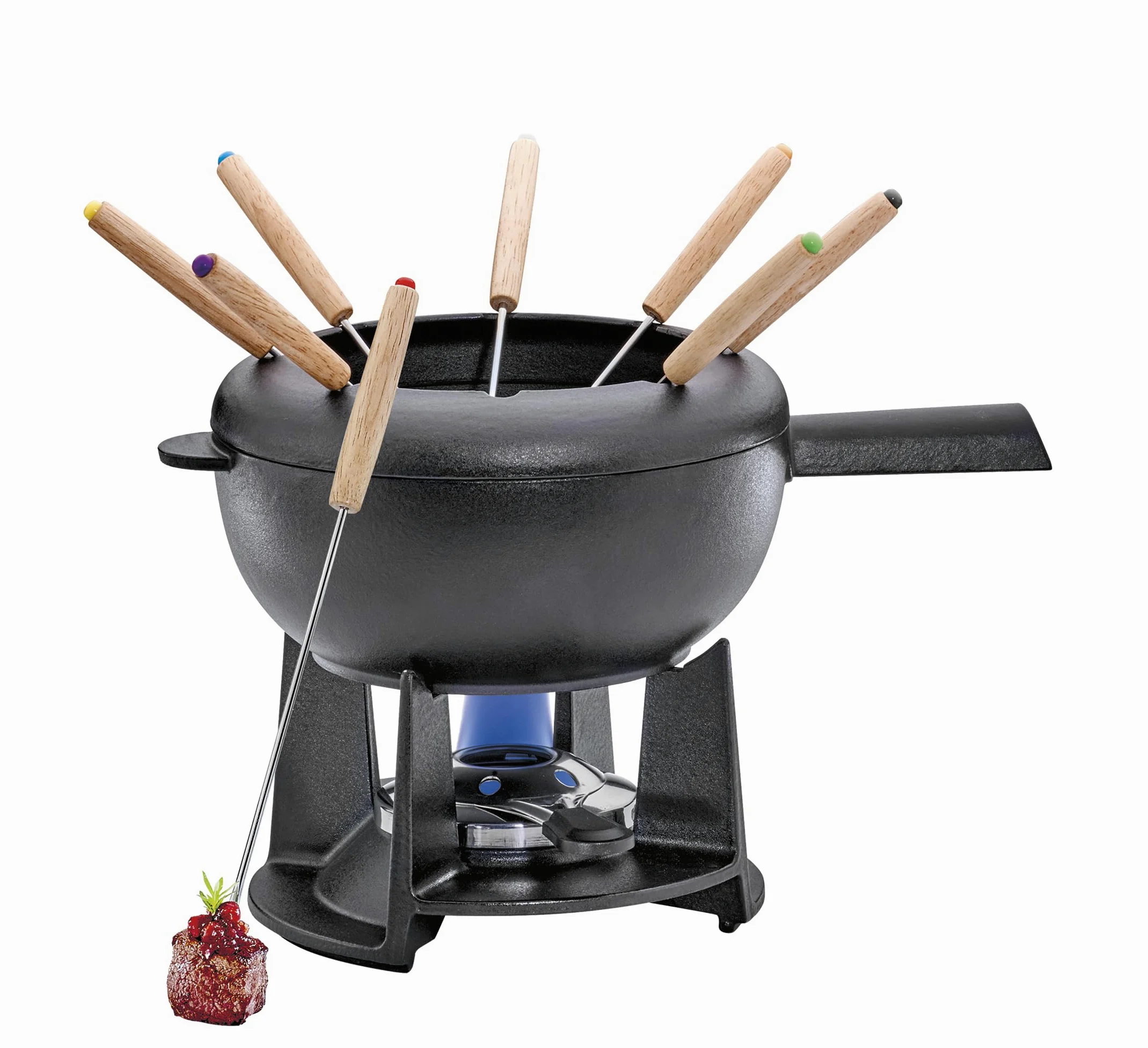 Spring Set per fonduta in ghisa, nero, Ø 20 cm, con 8 forchette per fonduta e paraspruzzi | per fonduta di formaggio, fonduta di carne, bruciatore Rechaud