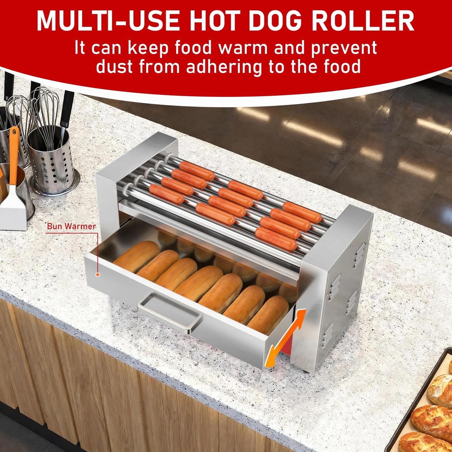 CROSSON Macchina Hot Dog Professionale 5 Rouley con Cassetta Riscaldante per Panini,12 Hotdogs Rullo Elettrico per Hot Dog con Controllo della Temperatura,1050W
