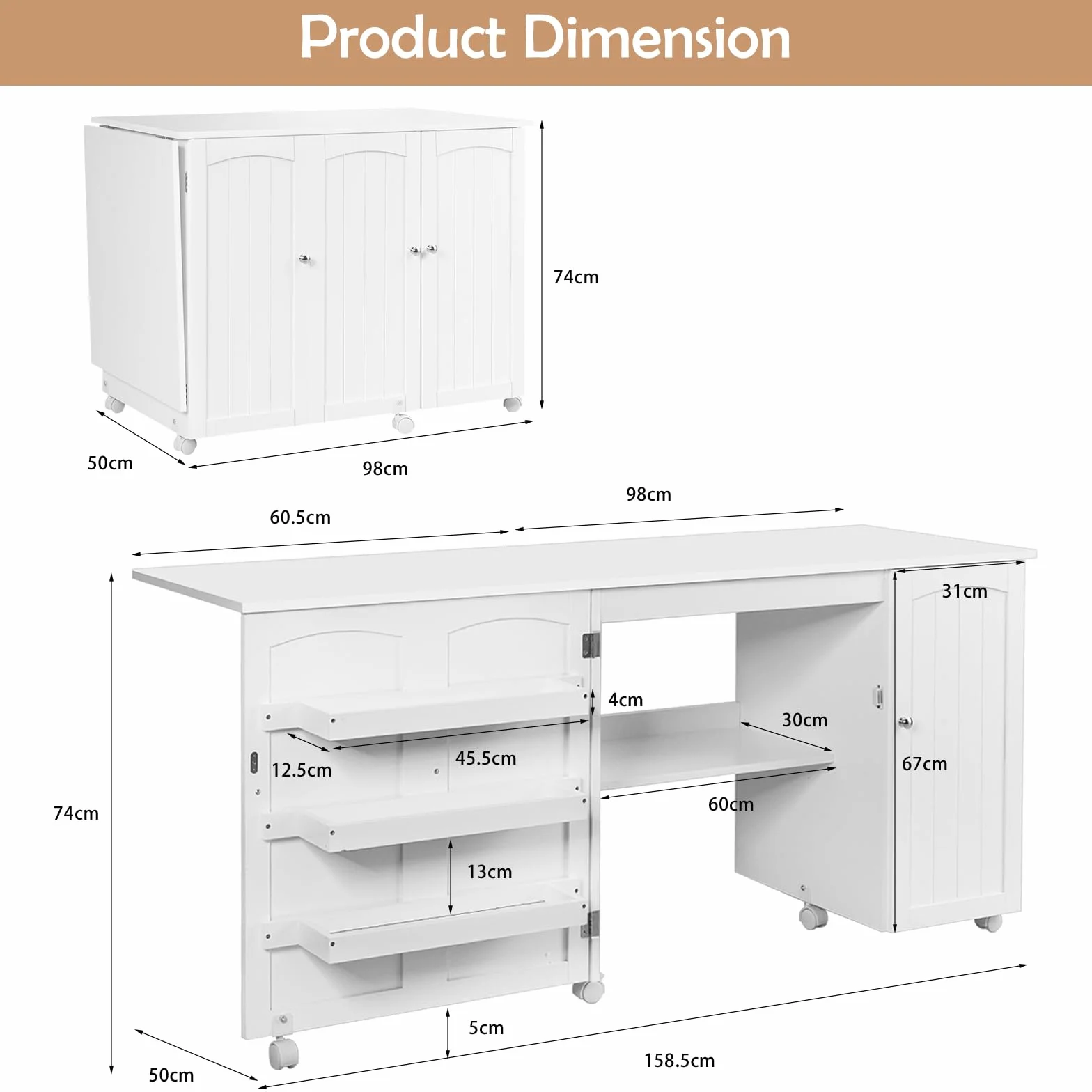 LIFEZEAL 3 in 1 Armadietto per Cucito, Tavolo per Macchina da Cucire, Salvaspazio, Pieghevole, Mobile, Tavolo da Stiro, Credenza, 6 Ruote, 3 Mensole e 1 Ripiano, Ampio Piano, 158,5x50x74cm (bianco)