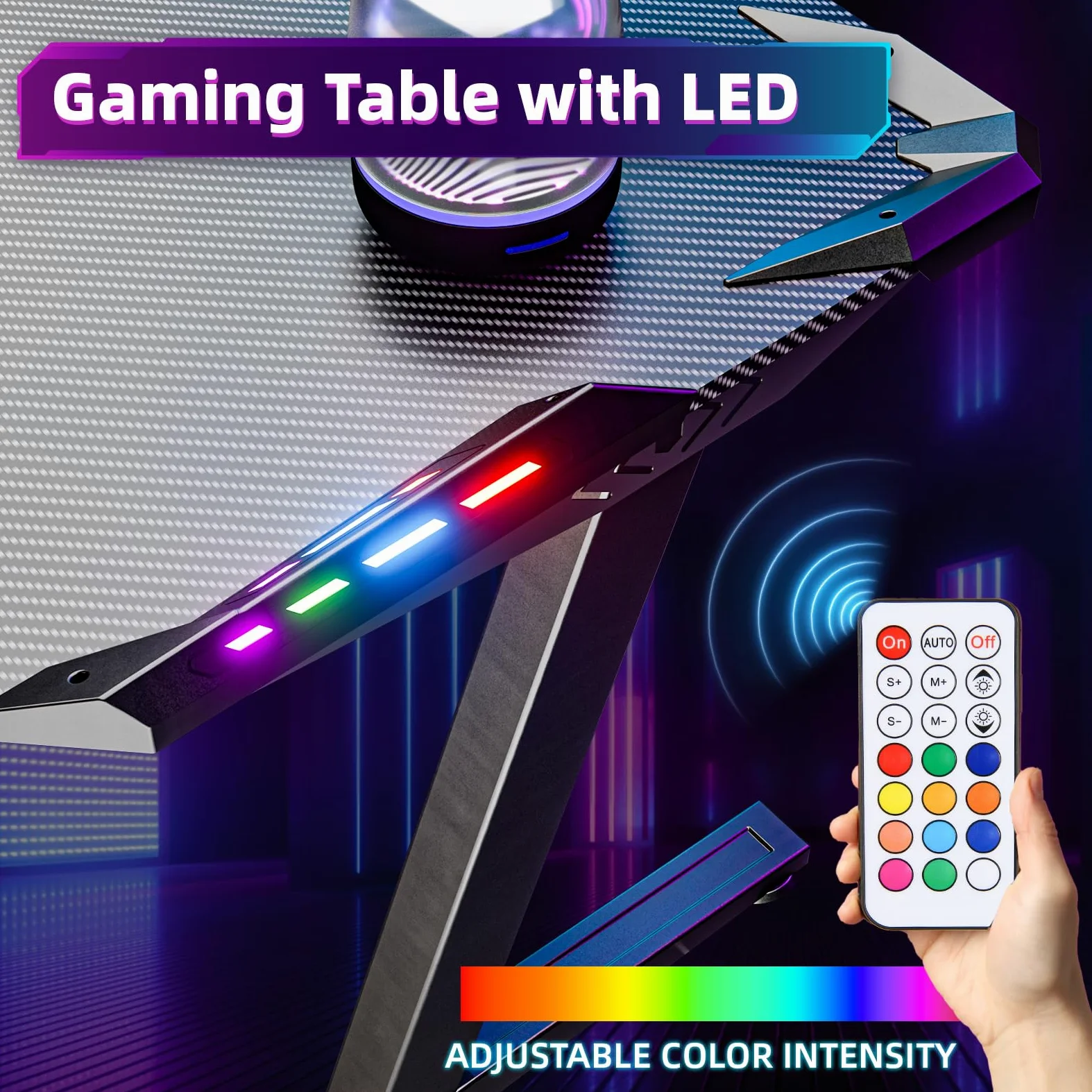 Himimi Scrivania Gaming LED 160 x 70 CM, Tavolo Gaming Ergonomica, Postazione Gaming Dotato con Piano del Tavolo in Fibra di Carbonio, Scrivania per Computer con Porta Bicchiere e Ganci per Cuffie