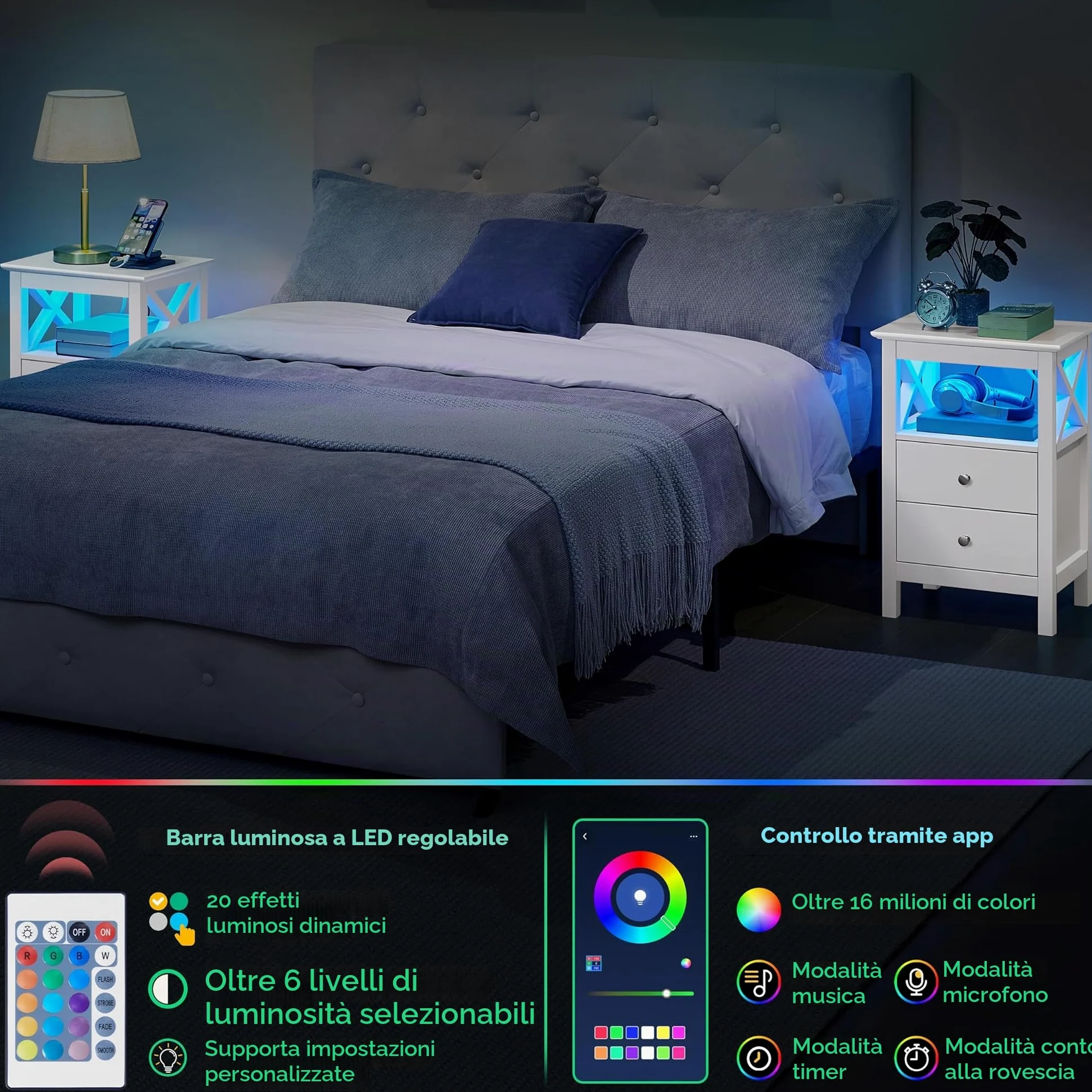 Yaheetech Comodino LED e Stazione Ricarica 2 Cassetti 1 Ripiano Aperto | Stazione di Ricarica Integrata USB e AC, Illuminazione LED Regolabile, Funzione Smart per Camera da Letto Moderna