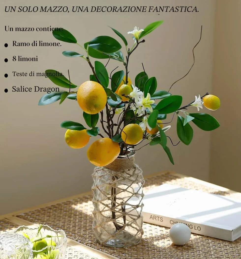 Rami di Limone Artificiali 8 Teste Finti Gialli con Steli Lunghi e Salice per Decorazione Tavolo
