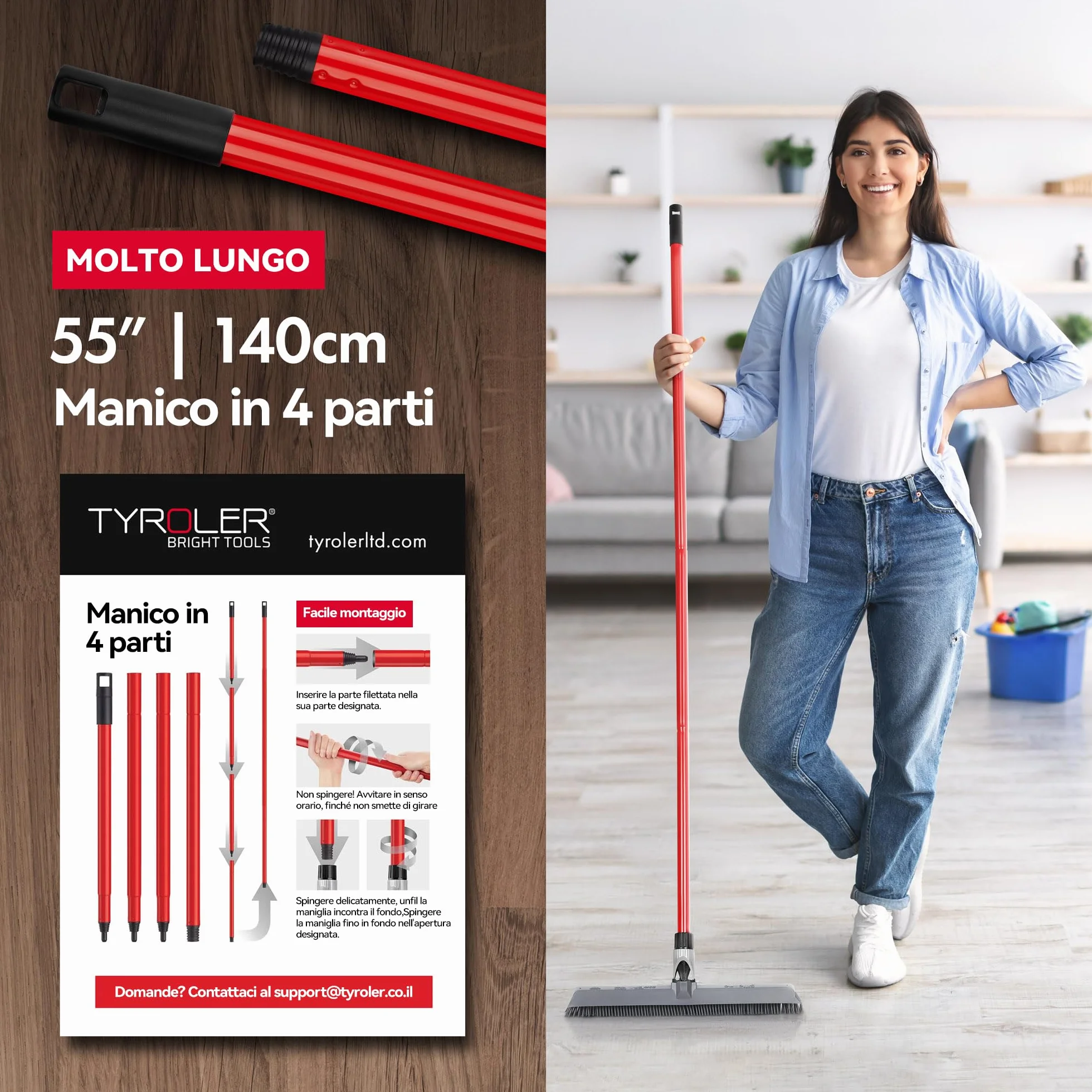 Tyroler 2 in 1 Tira Acqua & Scopa in Silicone per Pavimenti 40 cm Manico Antiruggine 140 cm Acciaio Inox