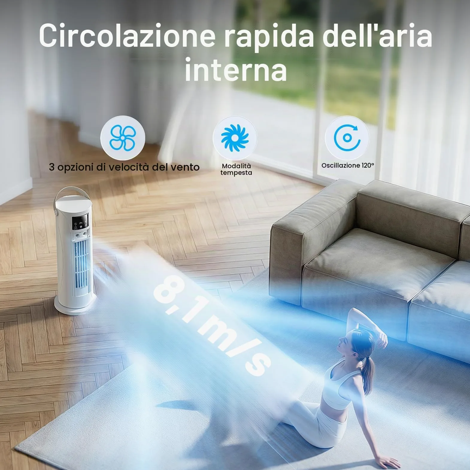Condizionatore Portatile Modalità Tempesta,Raffrescatore Aria 4 in 1 Silenzioso 28dB, Ventilatore Senza Pale,Oscillazione 120°, Doppia Nebbiatura Anti-perdita 750mL, Timer 8H per Casa Ufficio (Bianco)