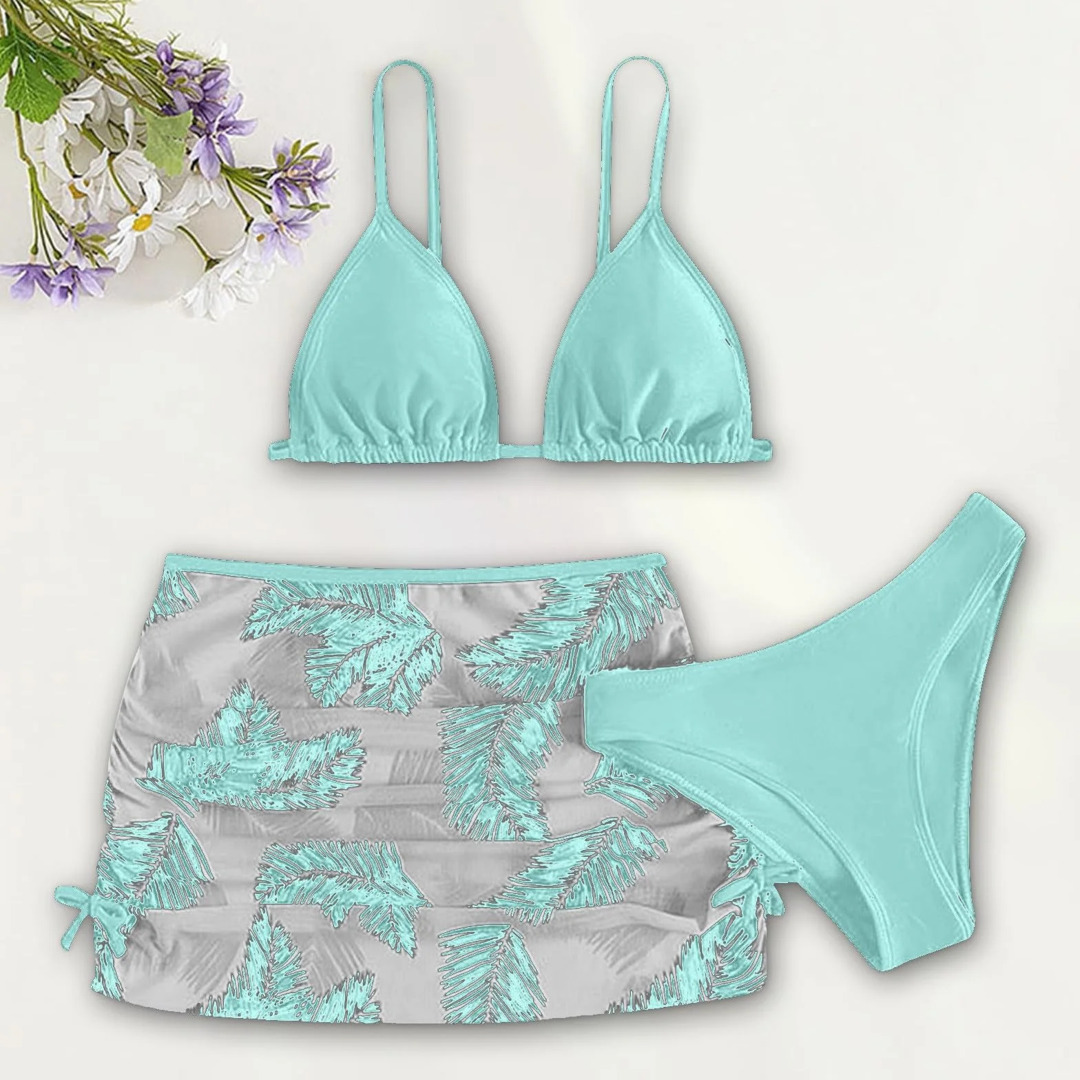 Generico Costume 3 Pezzi Ragazza Costumi da Bagno Ragazza Bikini con Stampa a Foglie Copricostume Leggera Elegante Costume da Bagno Ragazza Costume Bambina Mare per Sportivo Spiaggia Piscina