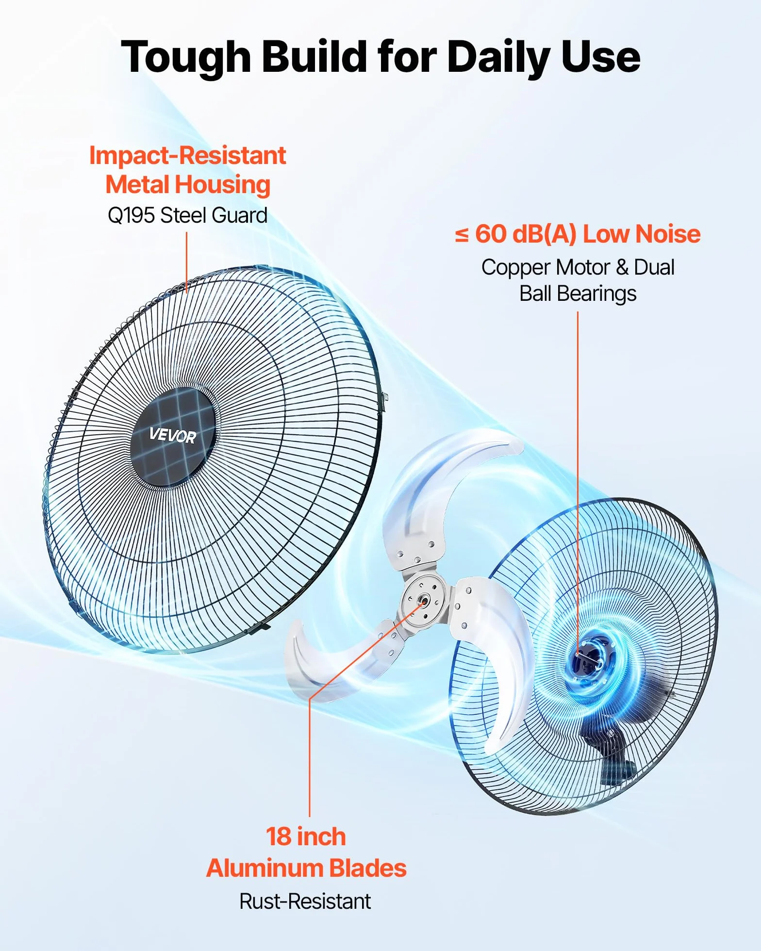 VEVOR Ventilatore da Parete Industriale, 457 mm, Ventilatore Oscillante a Muro, 3 Velocità, Flusso d'Aria Potente, Angolo Regolabile, Adatto per Officine, Garage, Palestre e Ambienti Commerciali