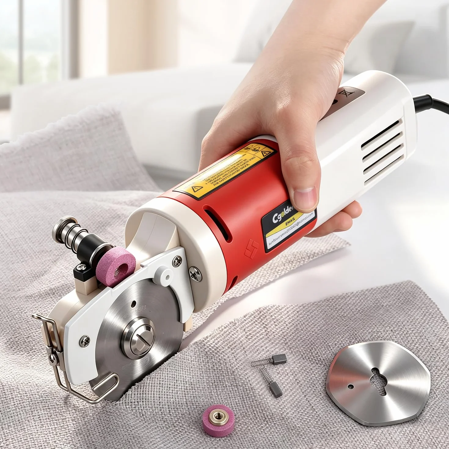 CGOLDENWALL Forbici Elettriche per Tessuti 170W con Rotella di Affilatura Automatica, 1 Lama di Ricambio da 22mm (0,87 pollici) max. Taglio per Pelle, Cartone, Moquette YJ-65