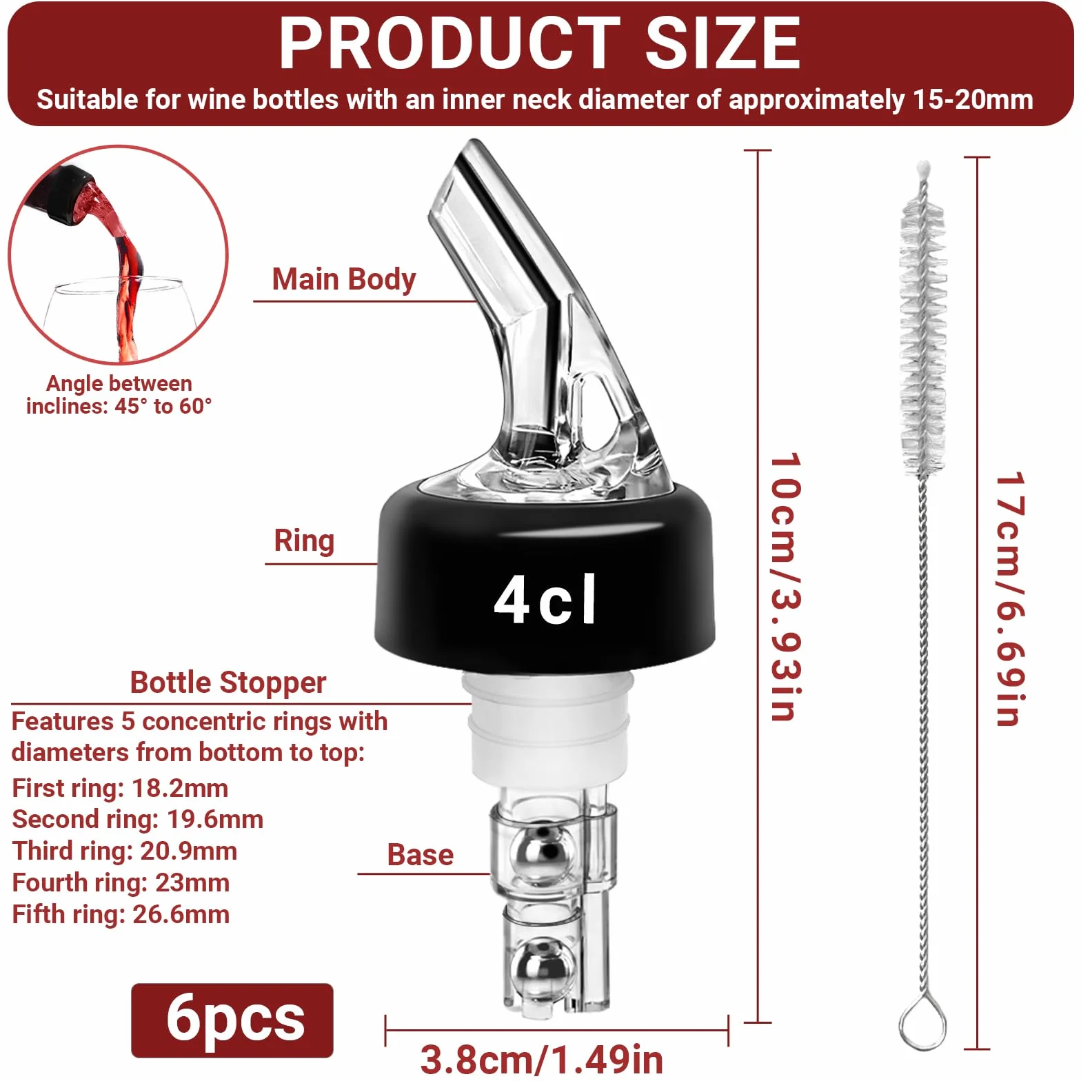 Versatore Bottiglia Dosatore 4cl Trasparenti con Spazzola, Versatore Automatico Misurato per Vino Rosso Whisky (40ml)