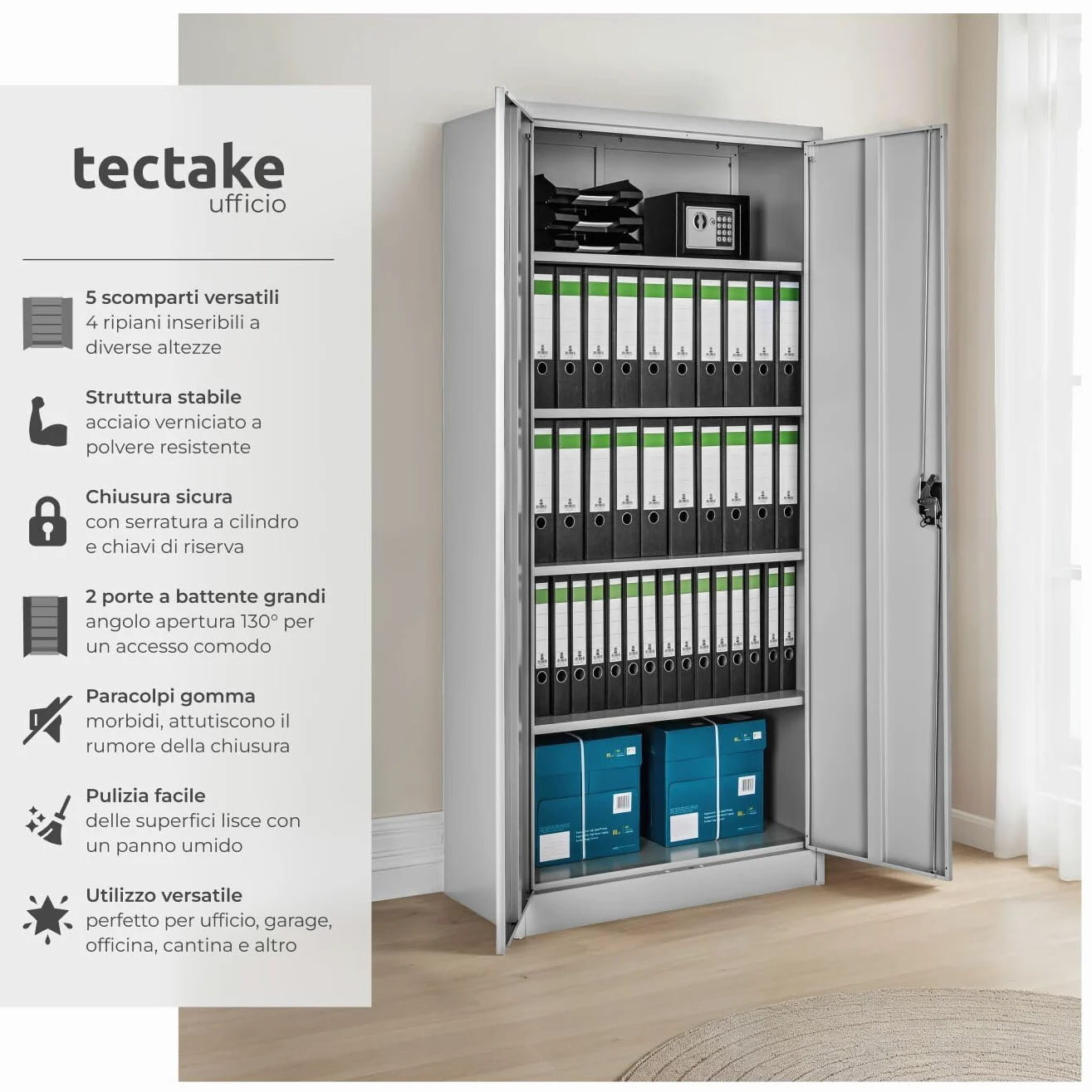 tectake® Armadio Porte Battenti, 180x80x40 cm, con 2 Ante e 5 Ripiani, Mobile con Serratura Chiave, Armadietto Portadocumenti e Faldoni per Ufficio in Metallo, Mobili Ufficio, Archivio - Grigio