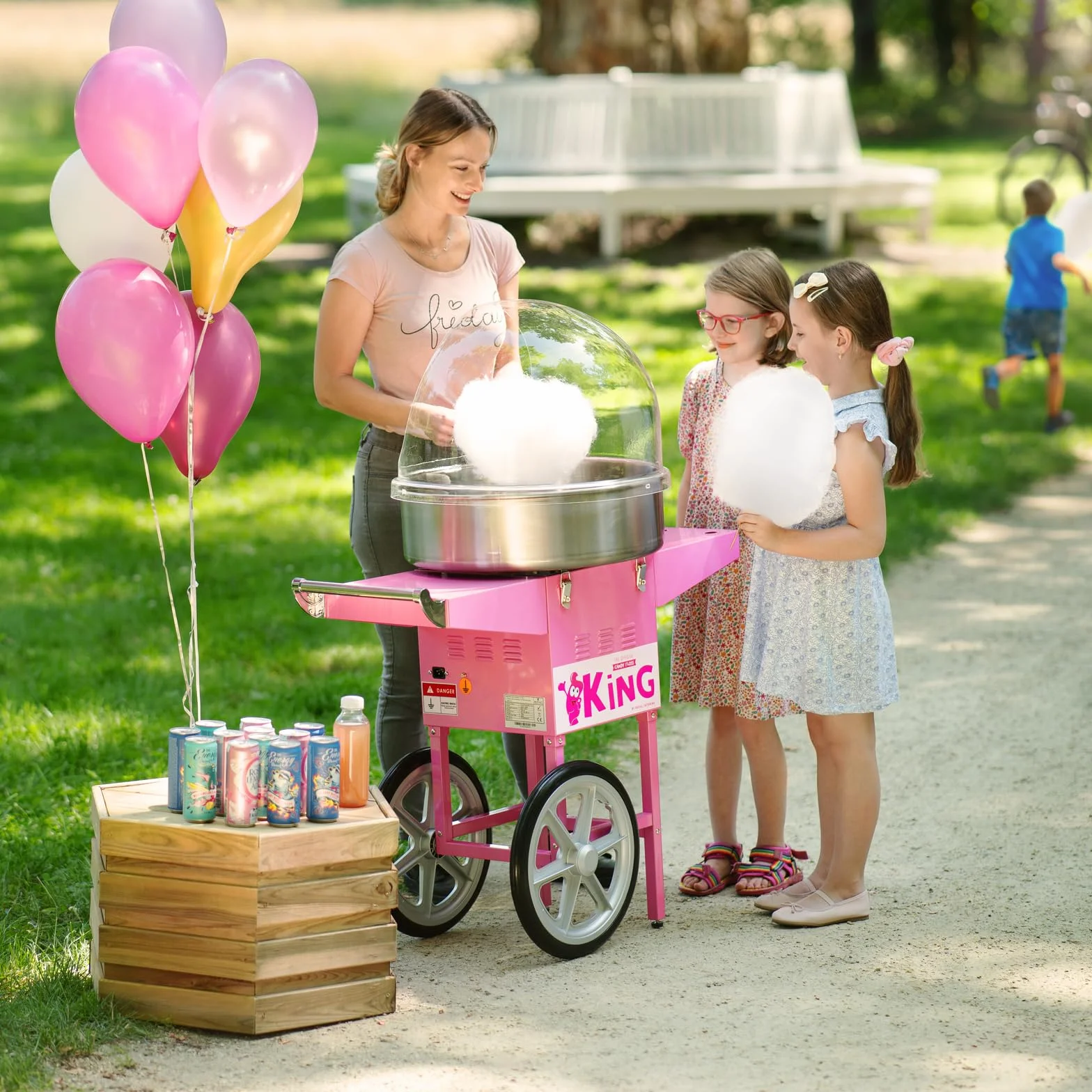 Royal Catering Macchina per zucchero in cotone con carrello, controllo termostato e rotazione, 1200 W, colore rosa, 52 cm