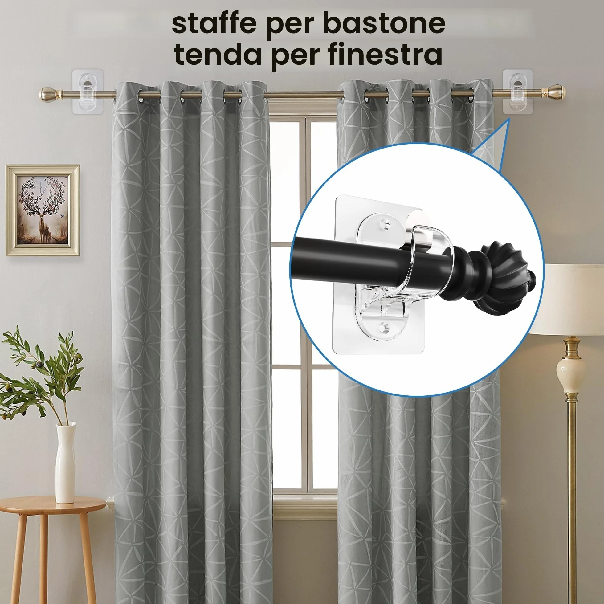 Ganci per Tende Senza Bucare, Ganci Adesivi per Tende con Viti, Staffa per Barre per Tende Trasparente 4 Pezzi
