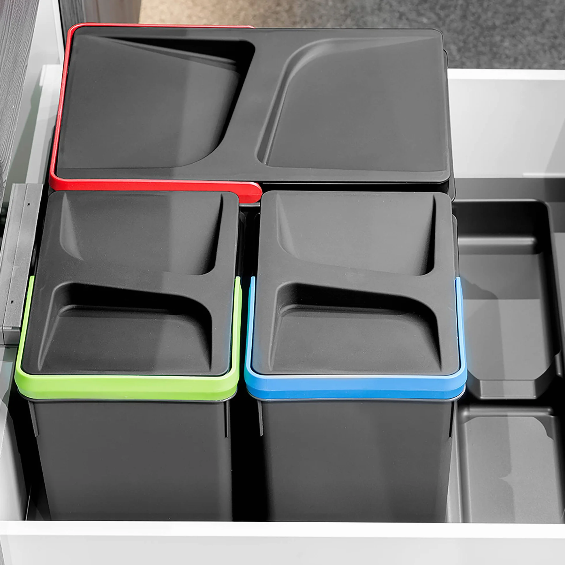 Emuca - Contenitori per cassetti da cucina Recycle, Altezza 266, 2x15L + 2x7L, Plastica grigio antracite, Tecnoplastica