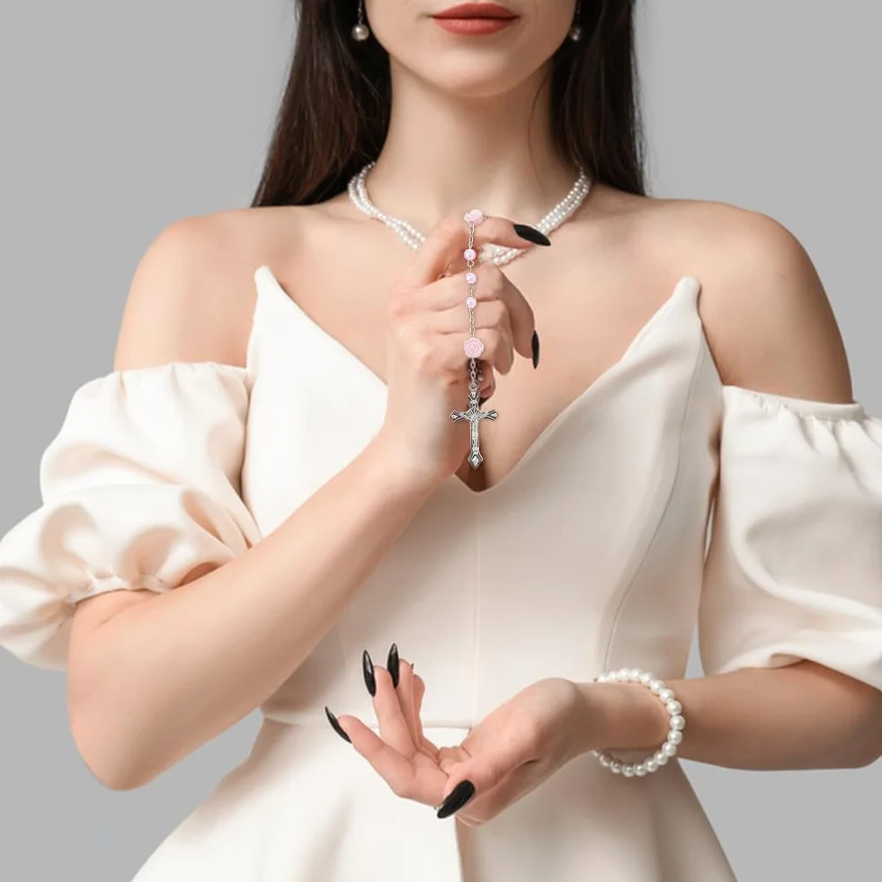 DICOSMETIC Rosa Blu Rosso Viola Rosario Collana Perline Rosario Collane Lega Gesù Croce Rose Ghirlanda Collana Per Le Donne Uomini Con 1 Pezzo Pelle PU Gioielli Borse d'Imballaggio